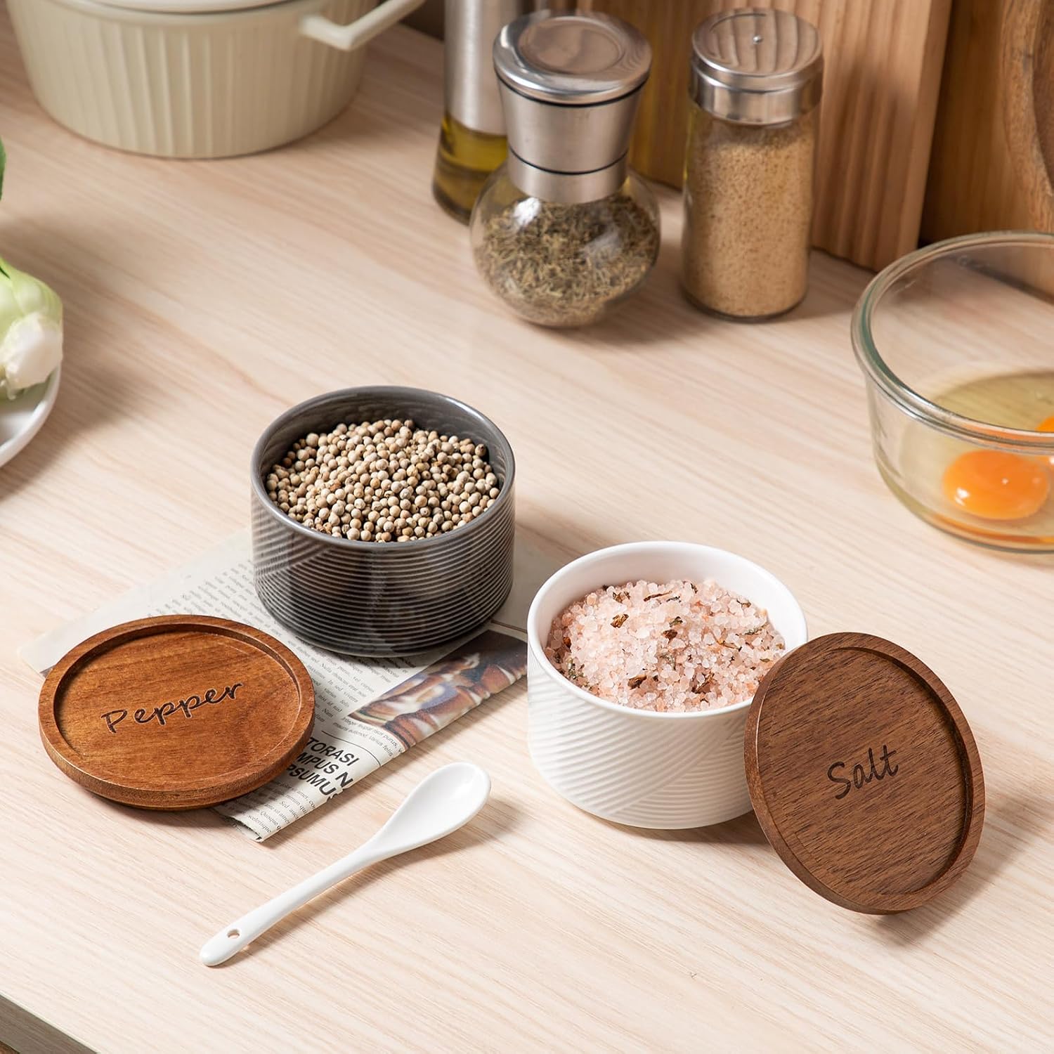 Salt and Pepper Bowls: 10 oz Ceramic Stackable Spice Cellar with Wooden Lid - Stacked Seasoning Storage Containers for Countertop Stovetop - Striped, White & Grey