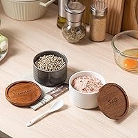 Vista 7 de Recipientes de sal y pimienta: recipiente de especias apilable de cerámica de 10 oz con tapa de madera - recipientes de almacenamiento