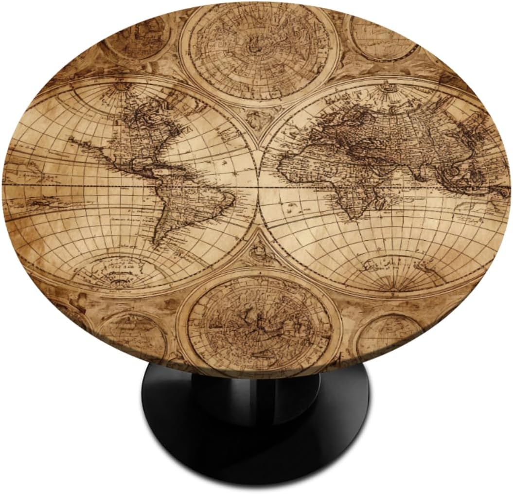 AUUXVA Round Fitted Tablecloth with Elastic Edge 45"-56" Vintage World Map Antique Round Tablecloth Polyester Waterproof Spill Proof Table Cover for Dining Room Kitchen Patio Restaurant Use, Washable