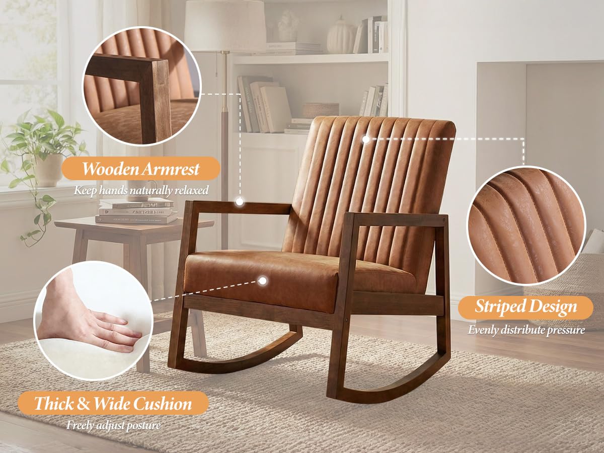 Ya-Home Schaukelstuhl Holz Stillstuhl aus PU Leder Mid-Century Sessel Schaukelsessel mit Holzrahmen gepolsterter Schwingsessel mit Armlehnen für Wohnzimmer/Schlafzimmer/Balkon, Braun