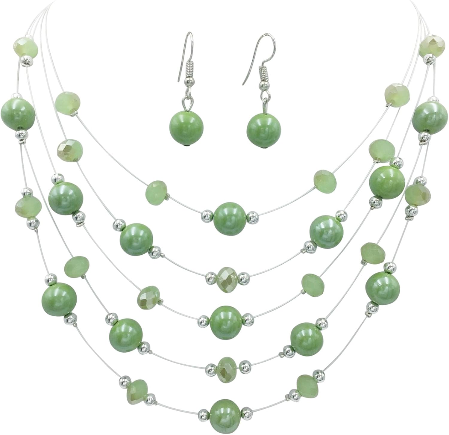 Multi Row Beaded Illusion Wire Lightweight Necklace and Dangle Earring Set
