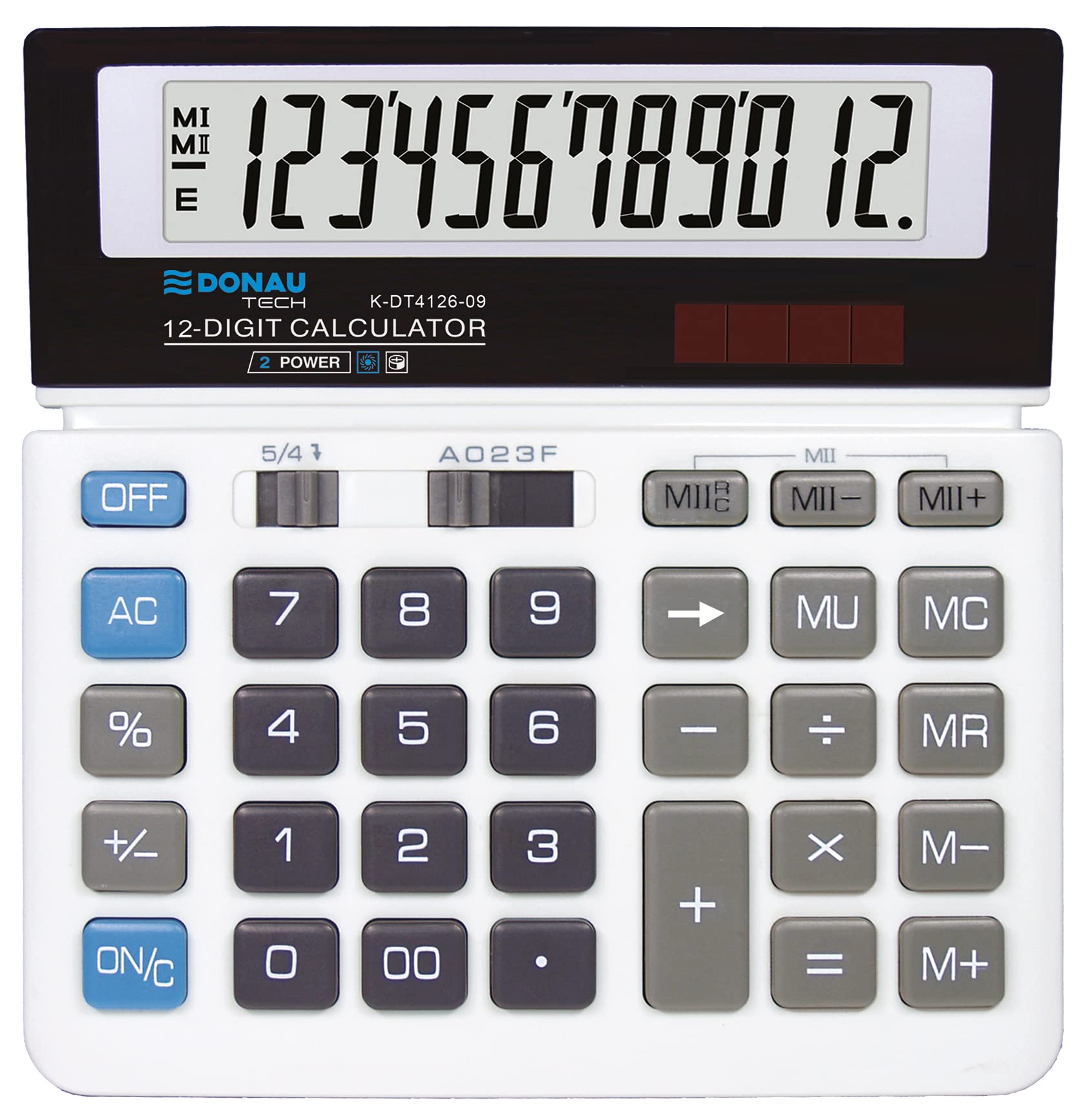 DONAU TECH/K-DT4126-09 Desktop Calculator 12-Digit Root Function 156 x 152 x 28 mm White with 12-Digit Display Dual Power Solar Battery Operated Compact Design
