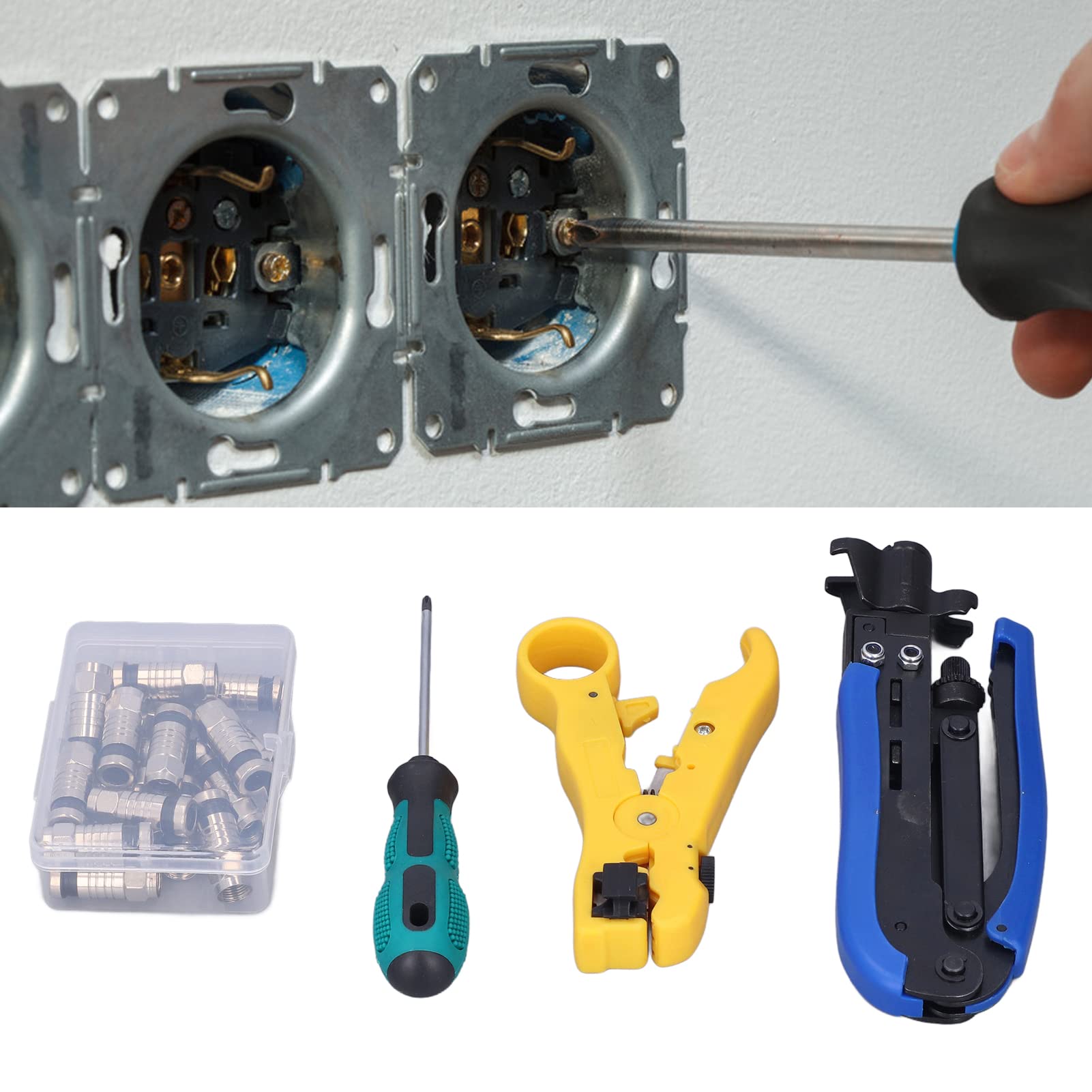 Kit de sertissage de câble coaxial, outil de compression coaxial professionnel, boîte à outils réseau multifonctionnelle pour dénuder, couper, sertir, avec tournevis et 20
