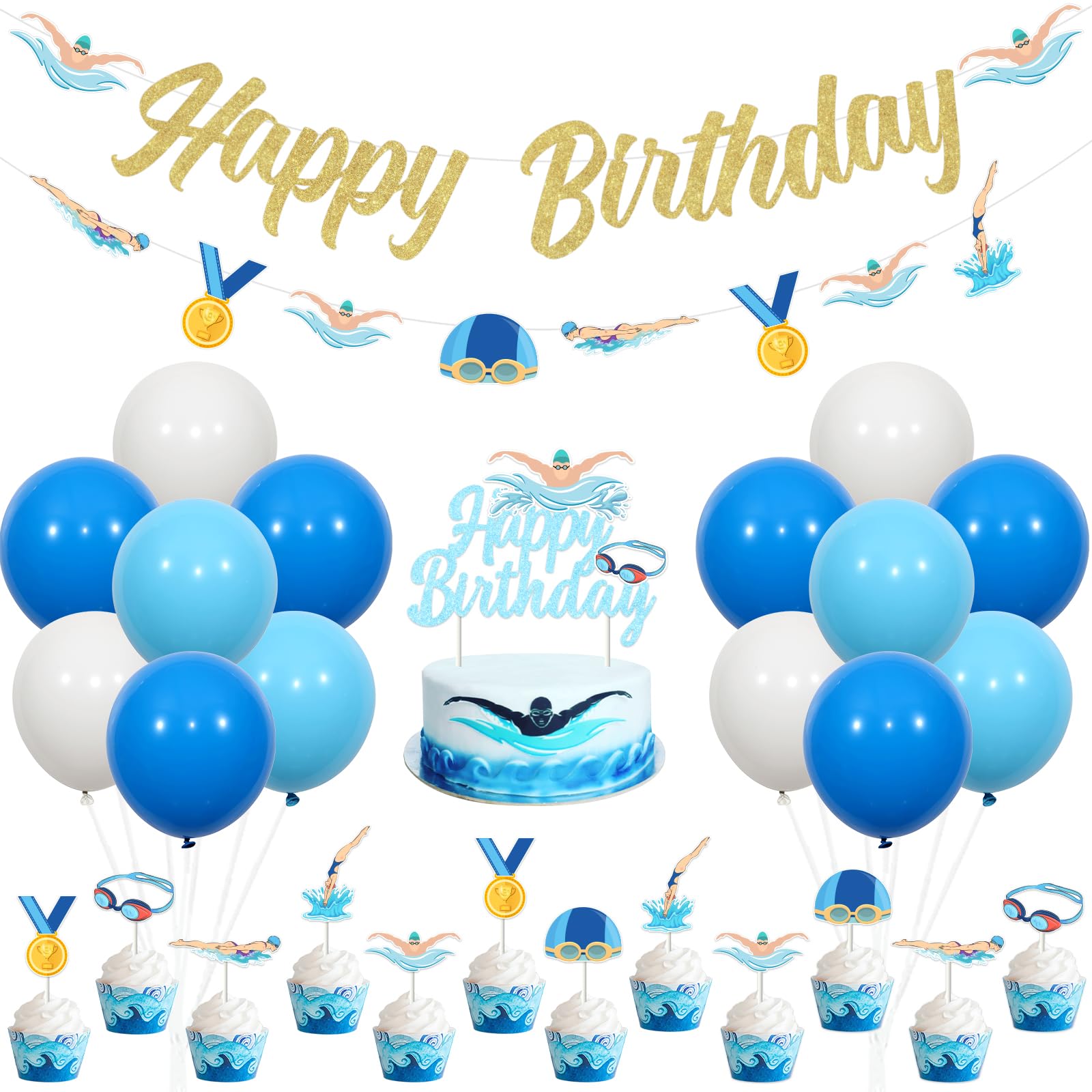 JOYMEMO Swimming Birthday Party Decorations - Swimming Happy Birthday Banner Garland, Cake Topper with Swim Themed Cupcake Toppers, Summer Swimming