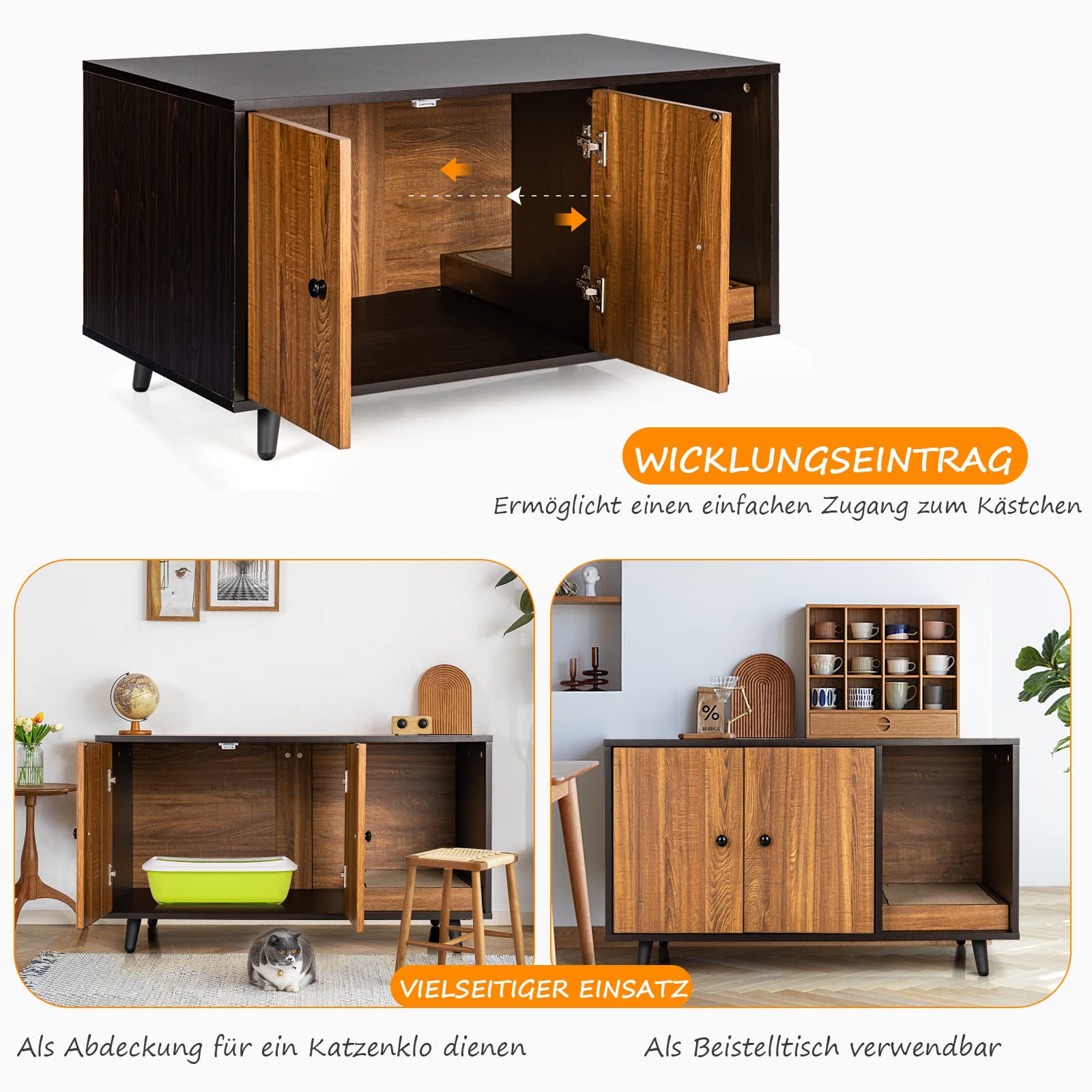 GYMAX 2 in 1 Katzenschrank für Katzentoilette, Katzenhaus mit 2 Türen & Katzenkratzbrett, Katzenklo Schrank, Beistelltisch 90 x 50 x 50 cm (Dunkelbraun)