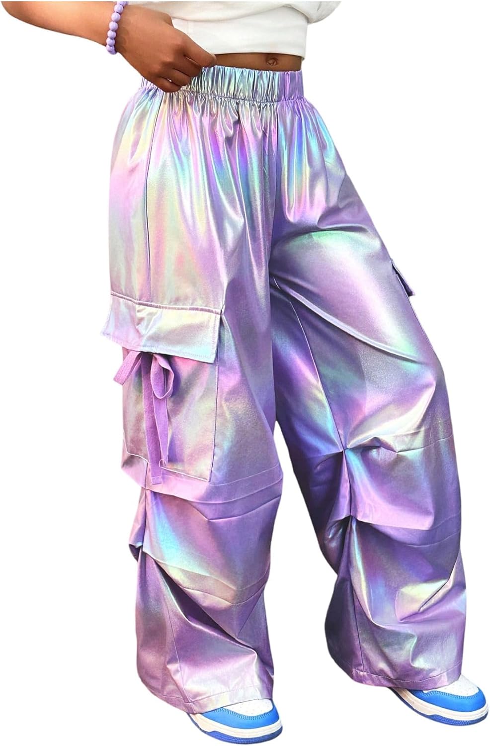 WDIRARA Girl's Metallic Elastic Waist Cargo Pants Baggy Parachute Pants Streetwear