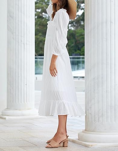 Miniatura 7 de R.Vivimos Women's Linen Fall Long Sleeves Stripes Ruffled Boho Casual A-Line Flowy Midi Dresses