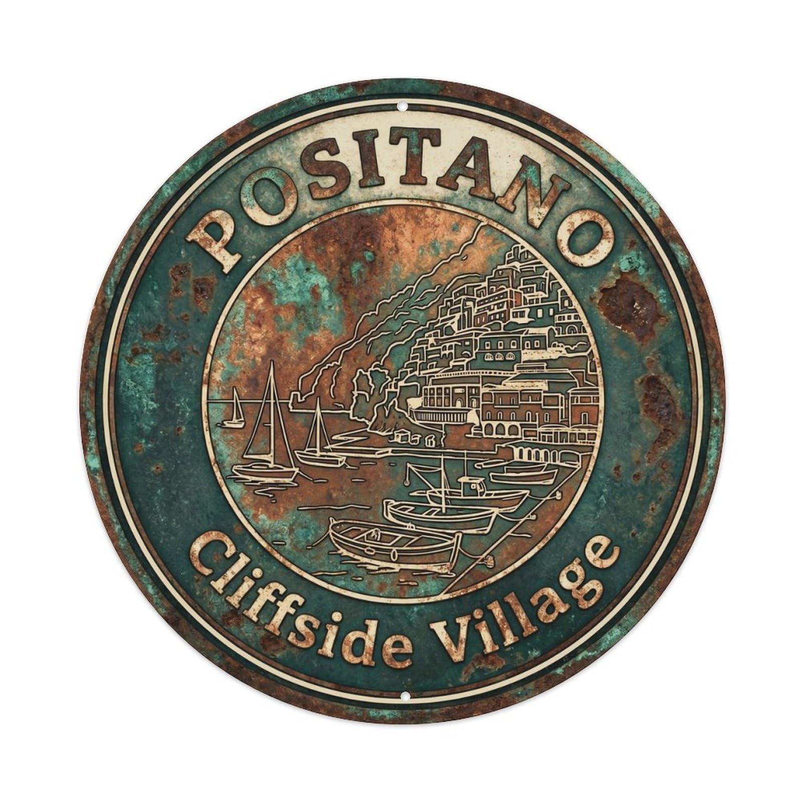 Vintage Campania Positano Coastal Mediterranean Seaside Metal Tin Sign Plaque Wall Decor for Cafe, Man Cave, Club Bar, Office, Home Garden Round Metal Poster 8x8Inch