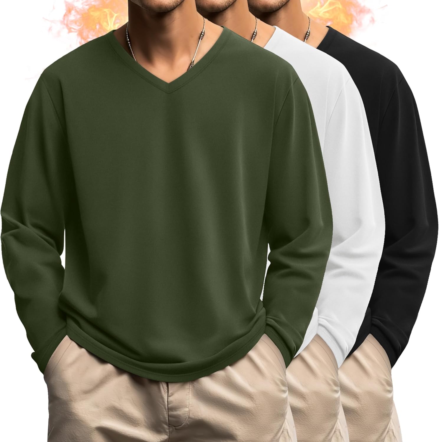 3 Pack Men's Big and Tall Shirts Thermal Fleece Lined Long Sleeve Tops V Neck Sweatshirts Base Layer Tees Winter