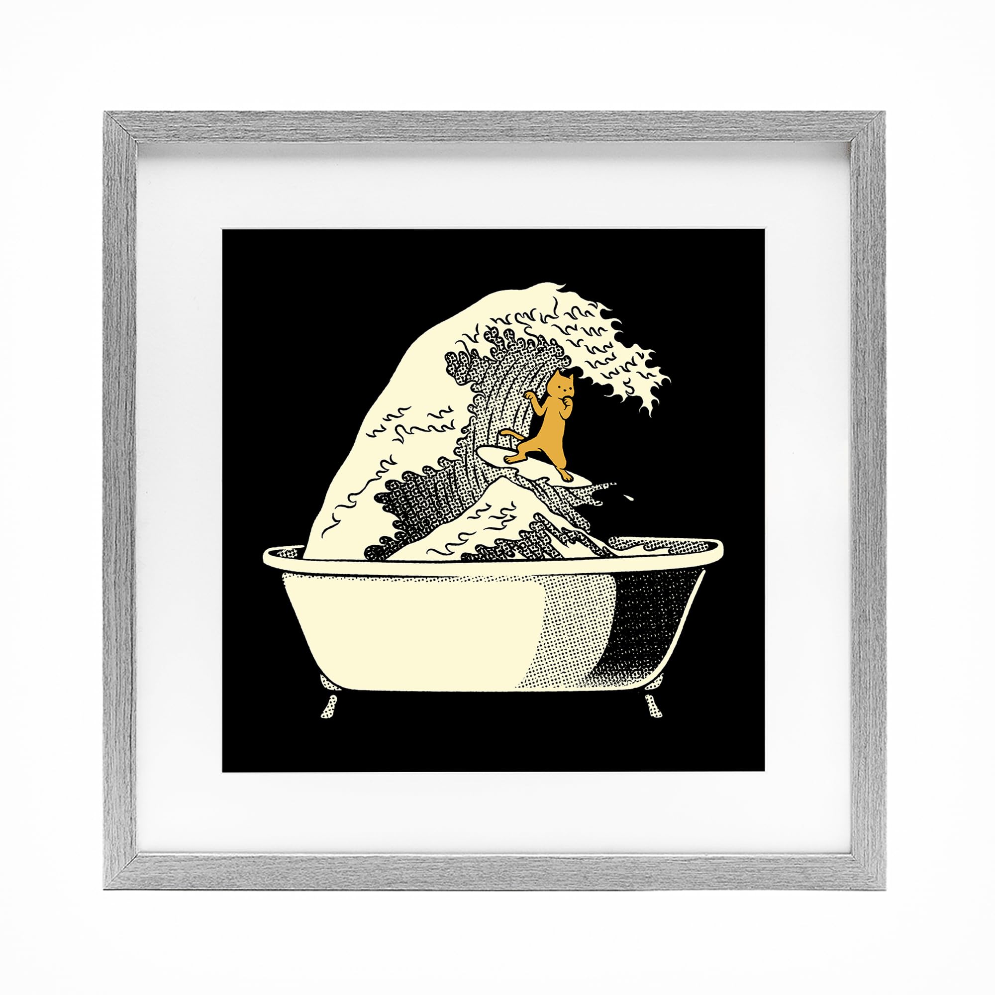 Stupell Industries Farmhouse Gray (Textured) 'Kanagawa Bathtub Cat'| Framed Print Under Glass