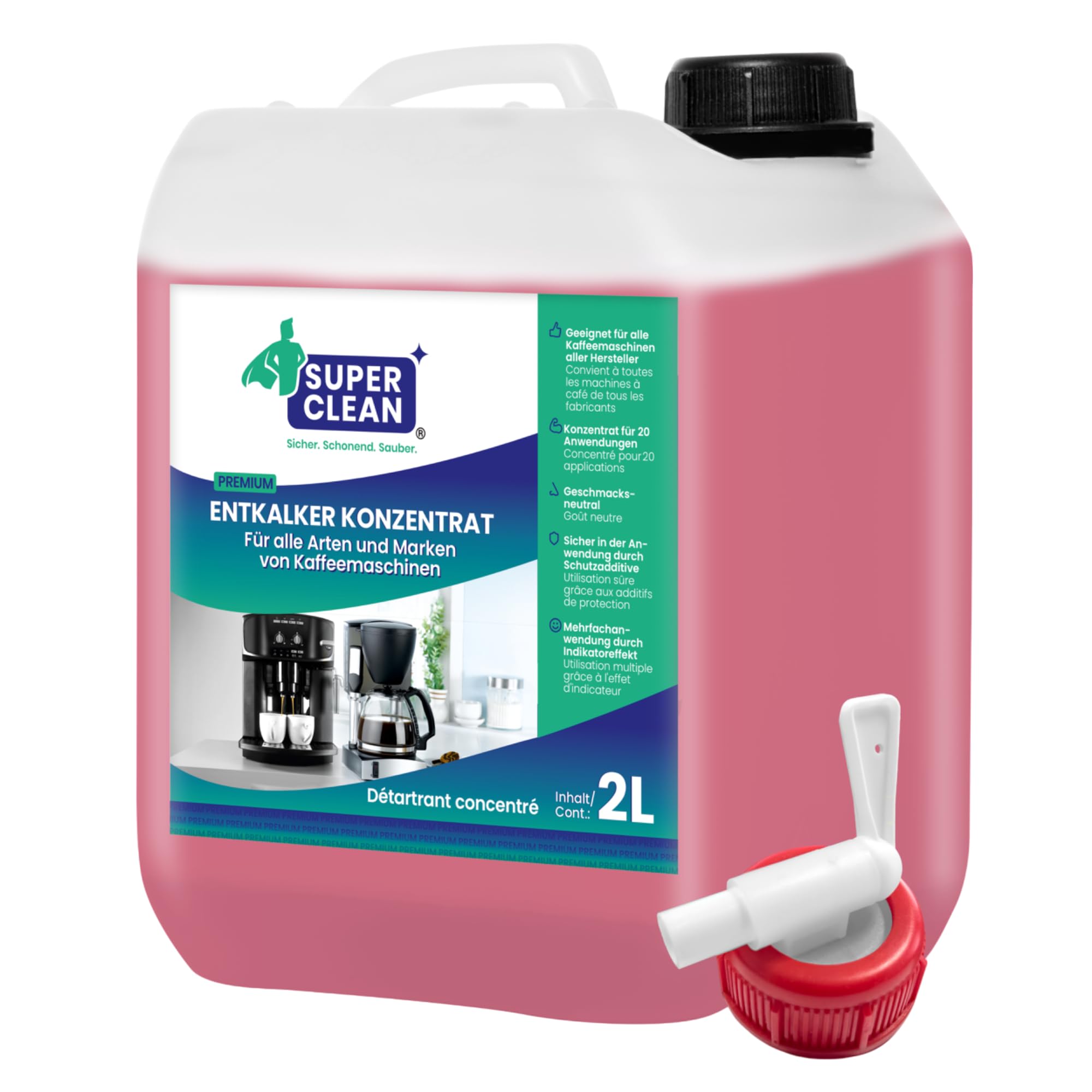 SUPER CLEAN Descalcificador universal de 2000 ml, líquido, para todas las máquinas y marcas, 20 x descalcificación, eficaz para cafeteras, hervidores de agua y duchas