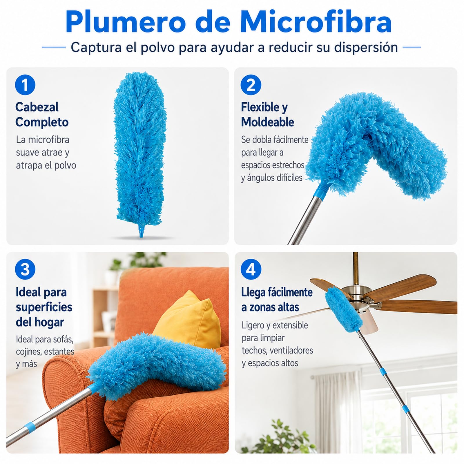 Terafeels Plumero telescópico largo de 310 cm, lavable, con 1 escoba de esquina flexible y 1 removedor de telarañas para limpieza debajo del sofá, muebles, ventilador de techo, telarañas (azul)