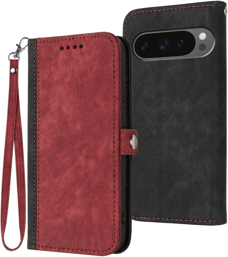 Leather Case for Google Pixel 10ProXL/10 Pro/10,Heavy Duty Protection Stylish Colorblock Wallet Folio Flip Full Protection Cover with Wrist Strap Phone Case(Red,10)