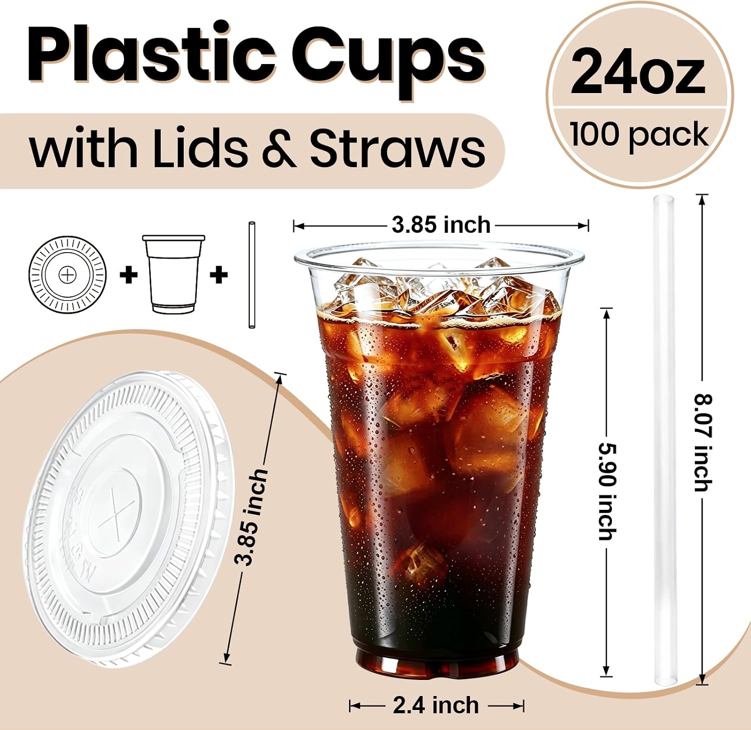 100 Pack 24 oz Clear Plastic Cups with Lids and Straws, Leak-Proof & Crack-Resistant Disposable Iced Coffee Cups for Smoothies, Bubble Tea and Cold Drinks, BPA Free