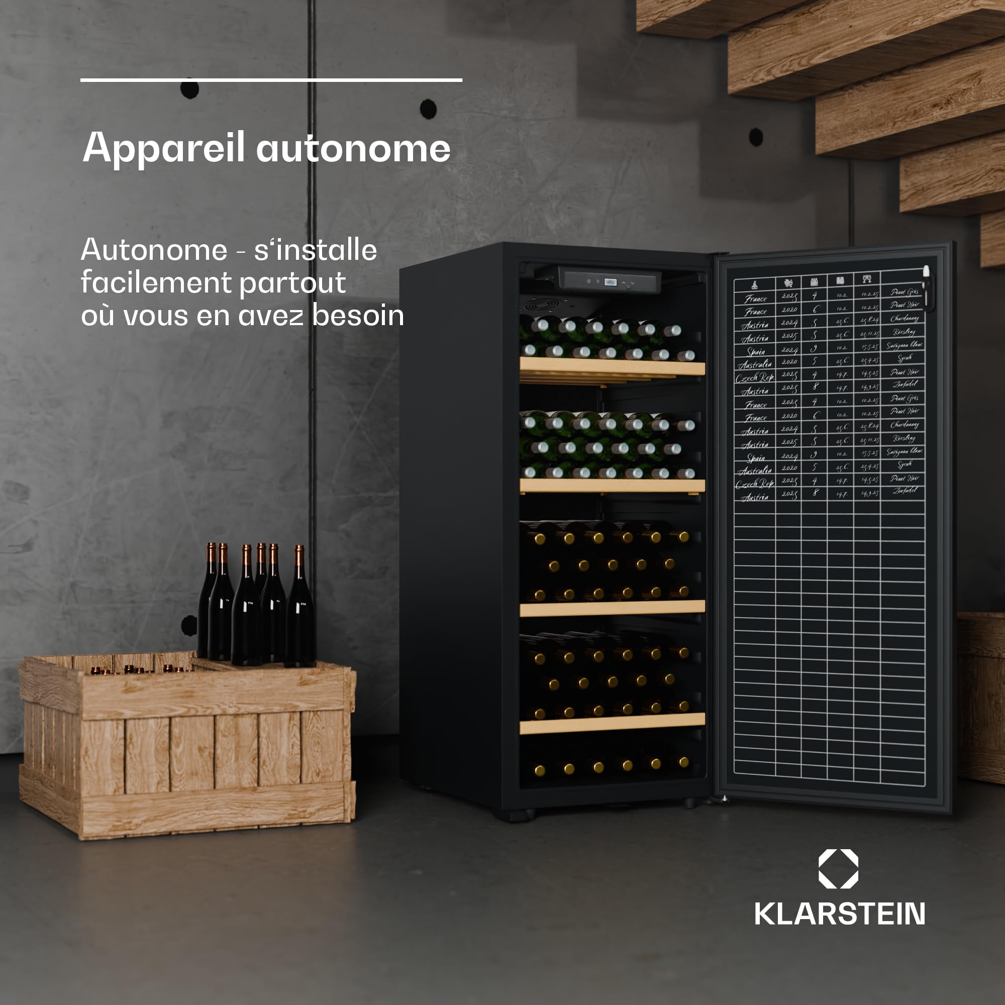 Klarstein CellarMax Cave à Vin Grande Capacité - 114 Bouteilles, 5-20°C, Porte Métal, Commande Tactile, Alarme, Autonome