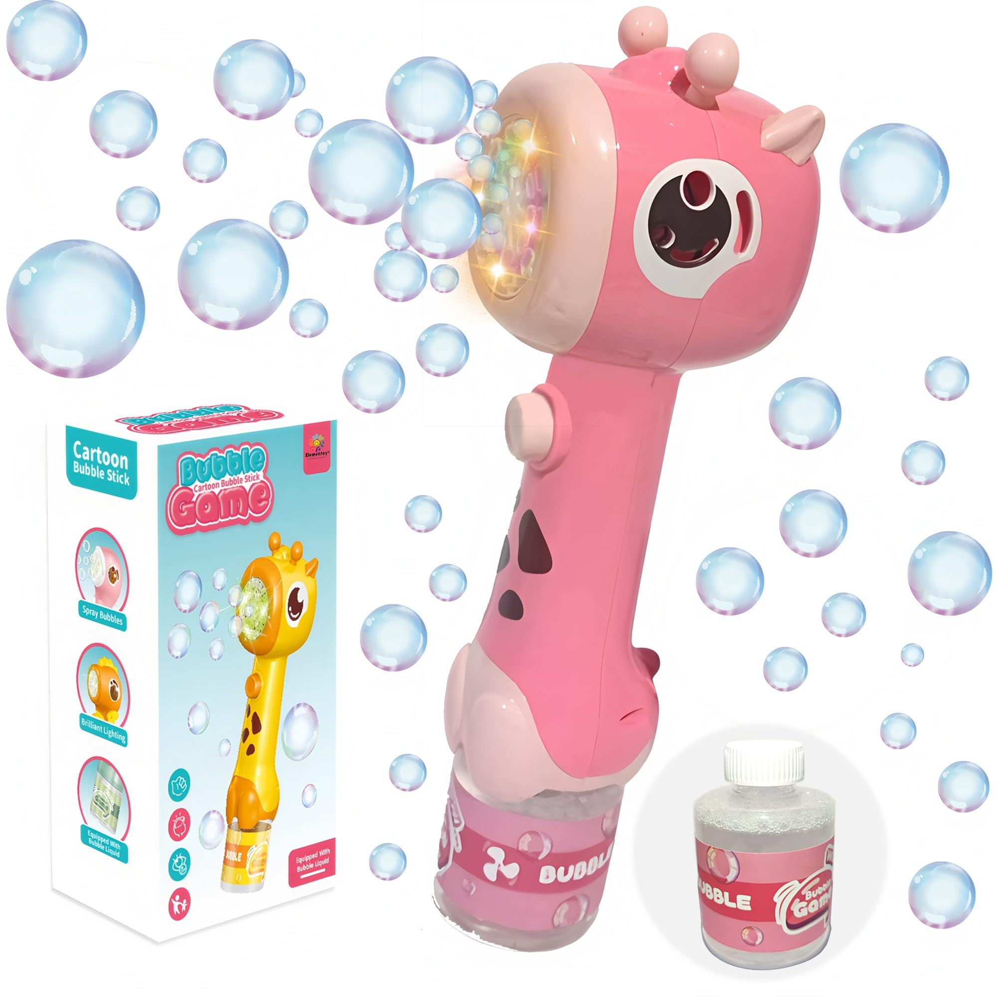 Bubble Machine Wand for Kids Toddlers, Double-Layer Bubble Blower with LED Lights and 2 Bubble Refill Solutions, Outdoor Birthday Party Favors Gifts