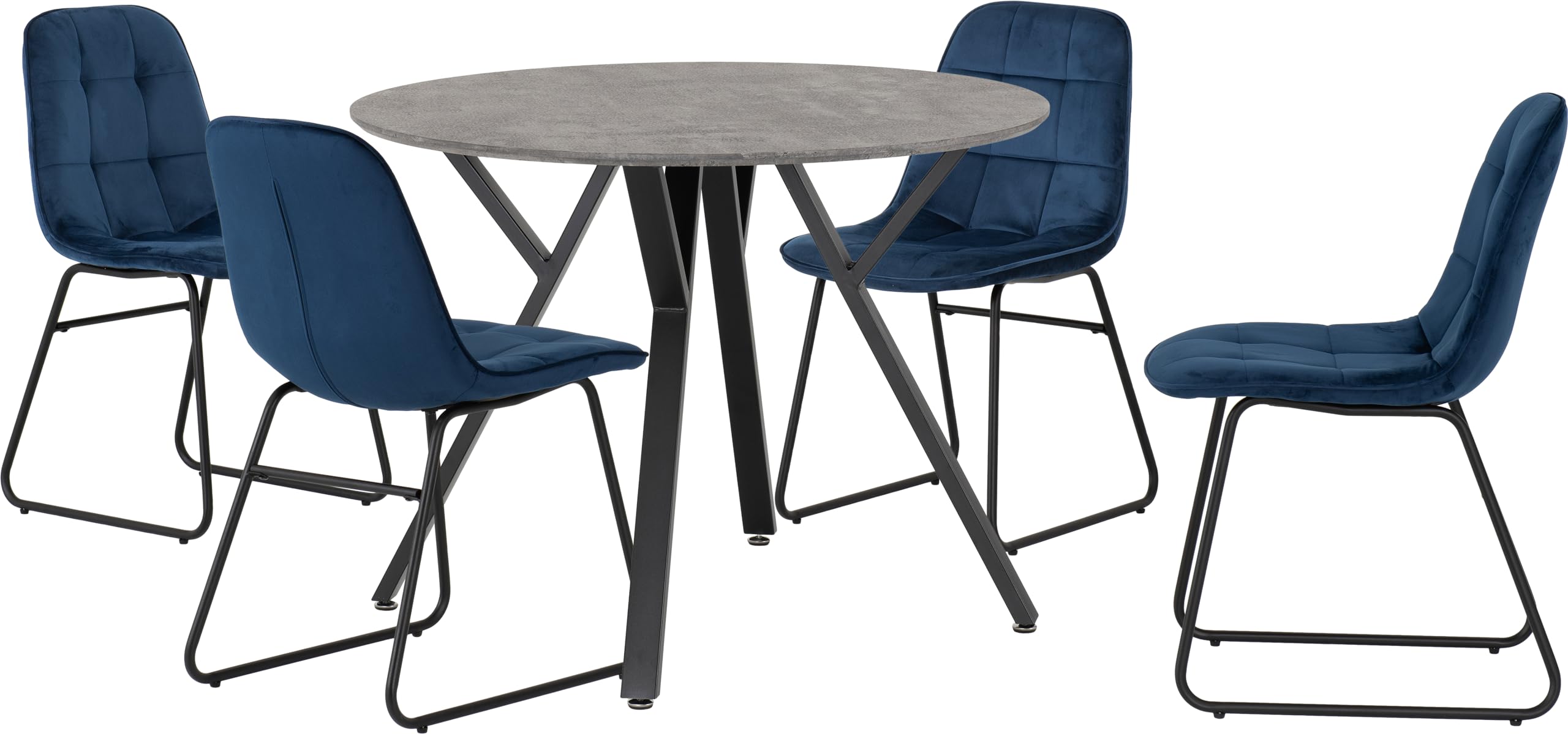 Seconique Athens Concrete Effect Round Dining Table with 4 Lukas Blue Velvet Chairs