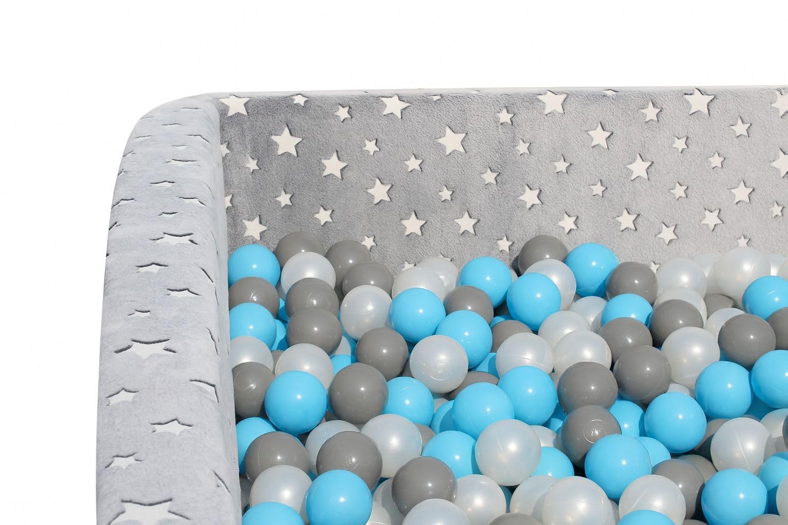 Bällebad Kinder 120×120 cm XXL – großes Stoffbecken mit 1000 Spielbällen Ø 7 cm, weiches Indoor-Bällebad für Babys & Kleinkinder, Stabiler PU-Schaum, Abnehmbarer Baumwollbezug (Plüsch/Hellblau)