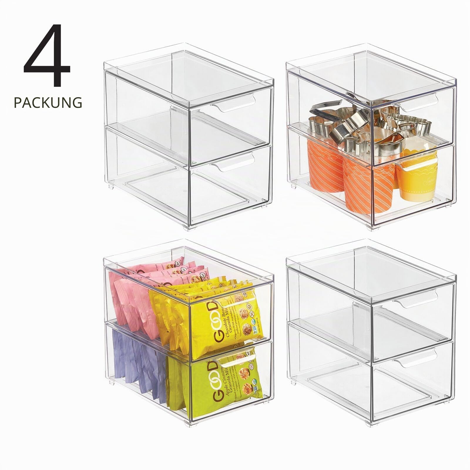 mDesign Schubladenbox mit 2 Schubladen – Stapelbox aus Kunststoff für Küchen- und Kühlschrank – Küchen Organizer für Snacks, Nudeln, Gemüse etc. – 4er-Set – durchsichtig