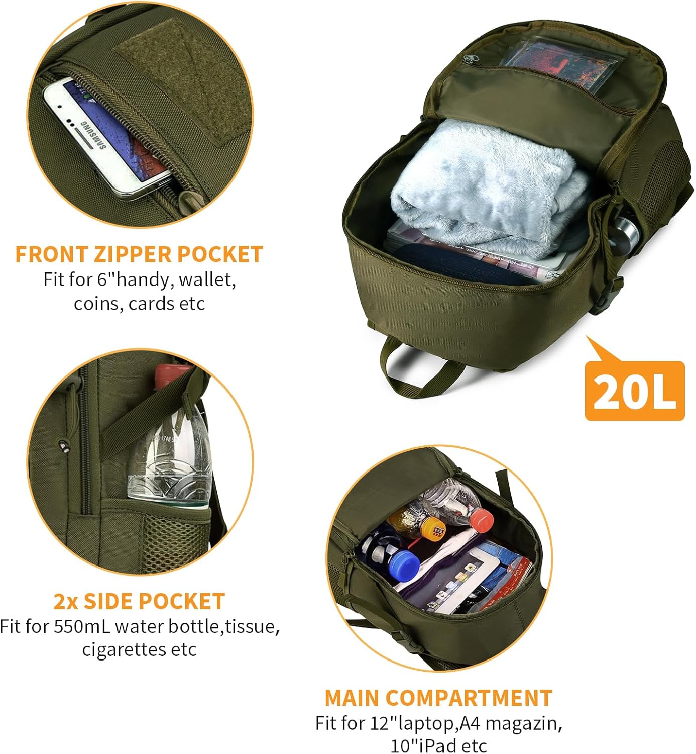 HUNTVP 10L/20L/30L Tactical Backpack Military MOLLE Backpack Rucksack Gear Tactical Assault Pack for Hunting Camping Trekking (20L-Army Green)
