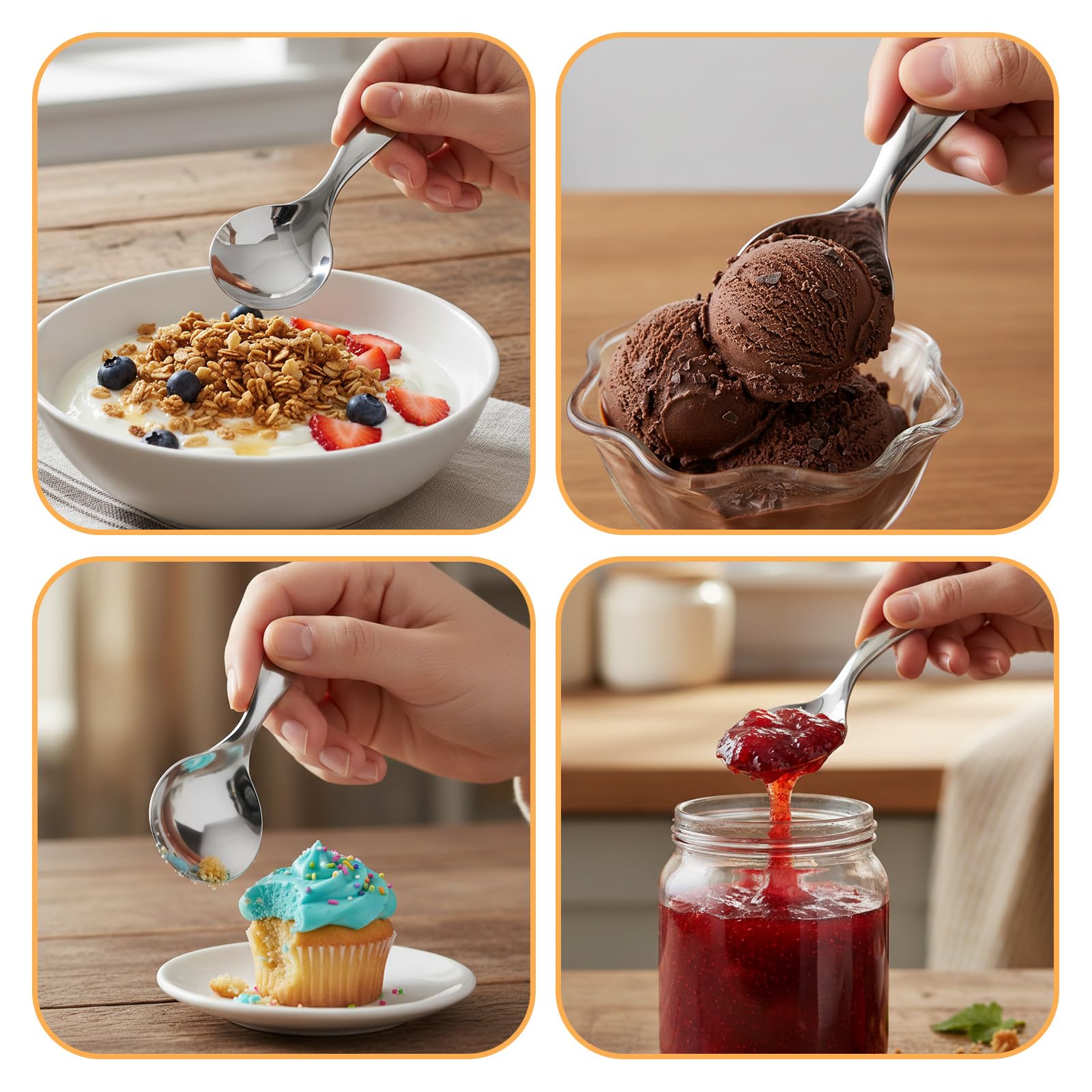 Confezione da 4 palette con manico corto argentato, piccole palette per barattoli, in acciaio inox, mini paletta per caramelle, mini condimenti, sale, zucchero, tè, caffè, piccole palette per gelato e