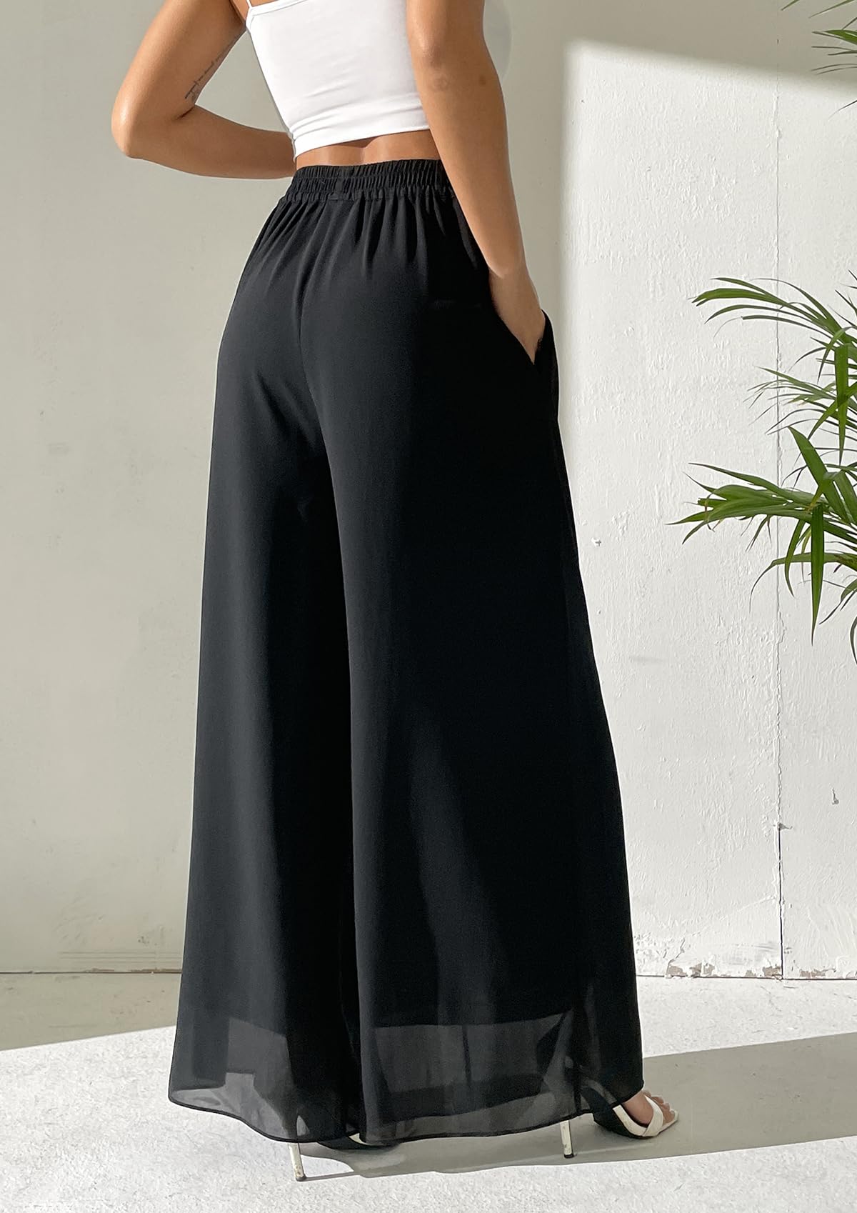 Fakanhui Pantaloni da palazzo a gamba larga in chiffon da donna in vita elastica casual pantaloni da lavoro fluidi