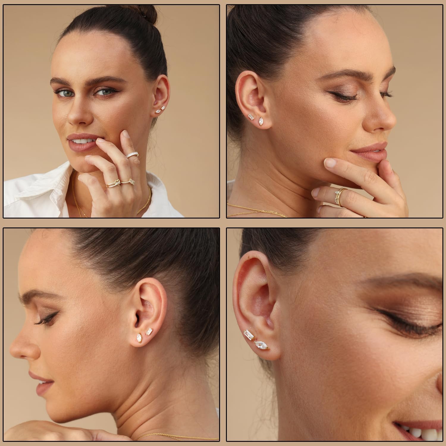 Baguette Stud Earrings for Women White Cubic Zirconia, Moissanite or Lab Grown Diamond Solitaire Studs Push Back Earring in 14K Gold Plated 925 Sterling Silver Dainty Jewelry Gift for Her - Image 6