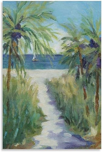 Póster de paisaje de camino a la playa con palmeras, decoración de baño, decoración de bar, pósteres de pared, lienzo, impresiones artísticas para