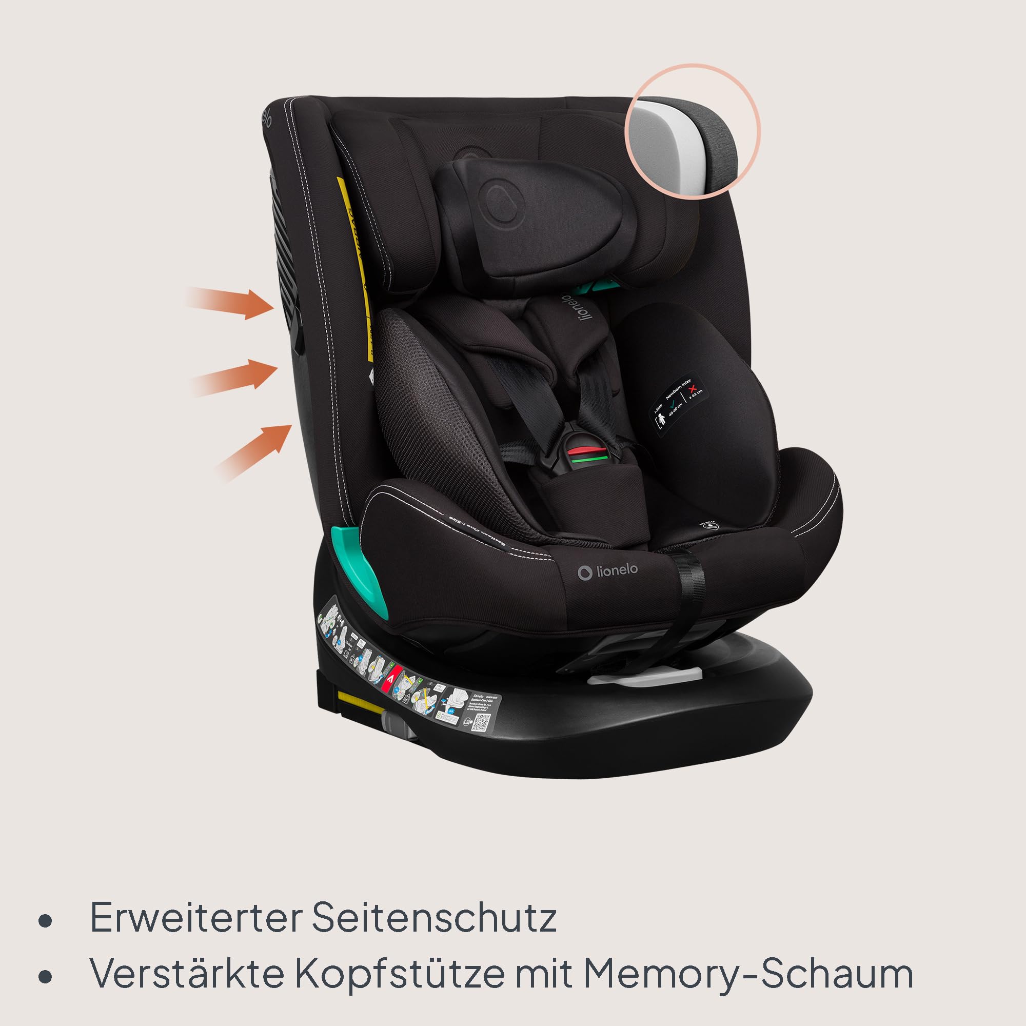 Lionelo Bastiaan i-Size One 360o drehbarer Autositz für Kinder 40-150 cm | Montage in Fahrtrichtung und entgegen der Fahrtrichtung möglich, ISOFIX Pas TopTether Einstellbare Rückenlehne