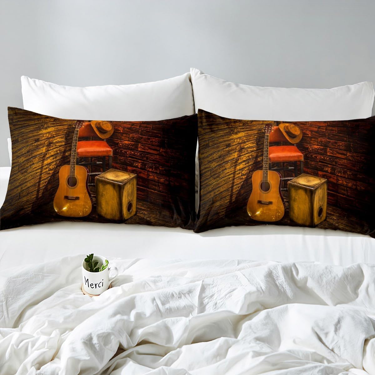 Erosebridal Acoustic Guitar Bed Sheets Vintage Instrument Fitted Sheet Full Size, Rustic Farmhouse Sheets Western Cowboys Hat Bedding, Wooden Lodge Cabin Bed Cover Microfiber (Deep Pocket)
