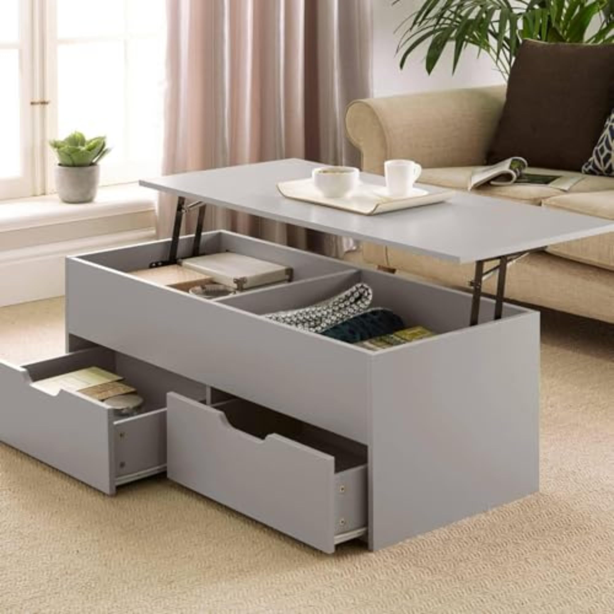 Home Source Wooden Coffee Table with Lift Up Top & 2 Storage Drawers - Grey