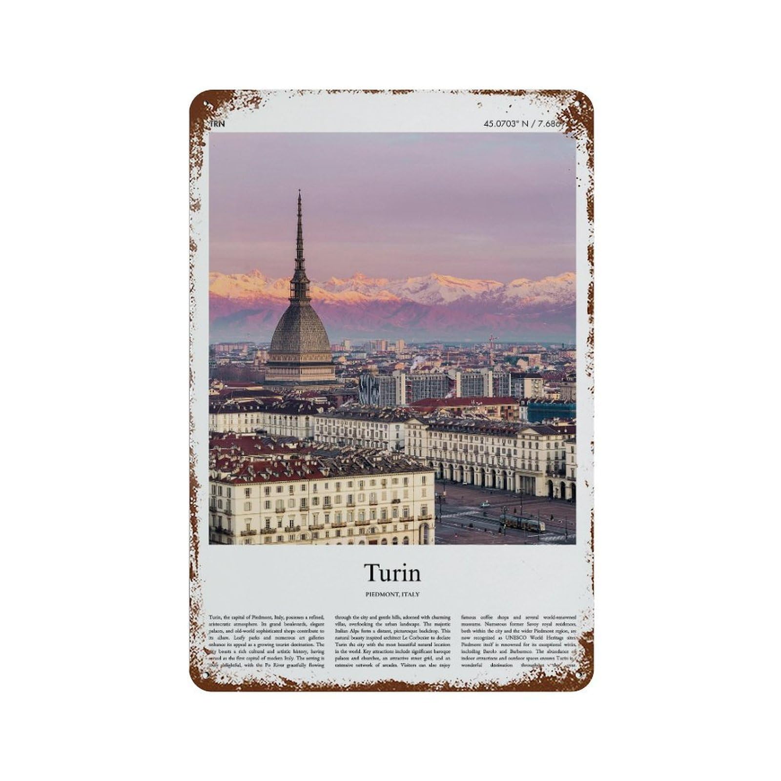 xiaoxiaoshen Turin Piedmont, Italy City Scenery Wall Decor Art Metal Tin Poster Modern Home Decor Art Home Bar Shop Decorations Vintage Sign 30x20cm