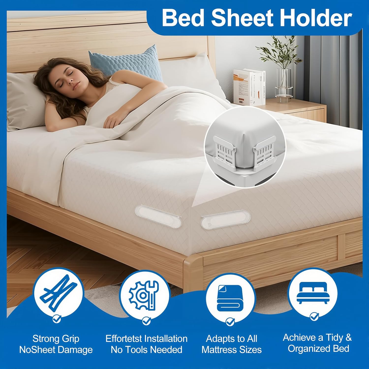 Bed Sheet Holders for Corners, Upgraded Dual-Side Lock Design Sheet Grippers, 4Pcs Heavy Duty Non-Slip Fitted Sheet Clips, Keep Sheets Firm & Tight, Universal Fit for All Mattresses, Easy Installation