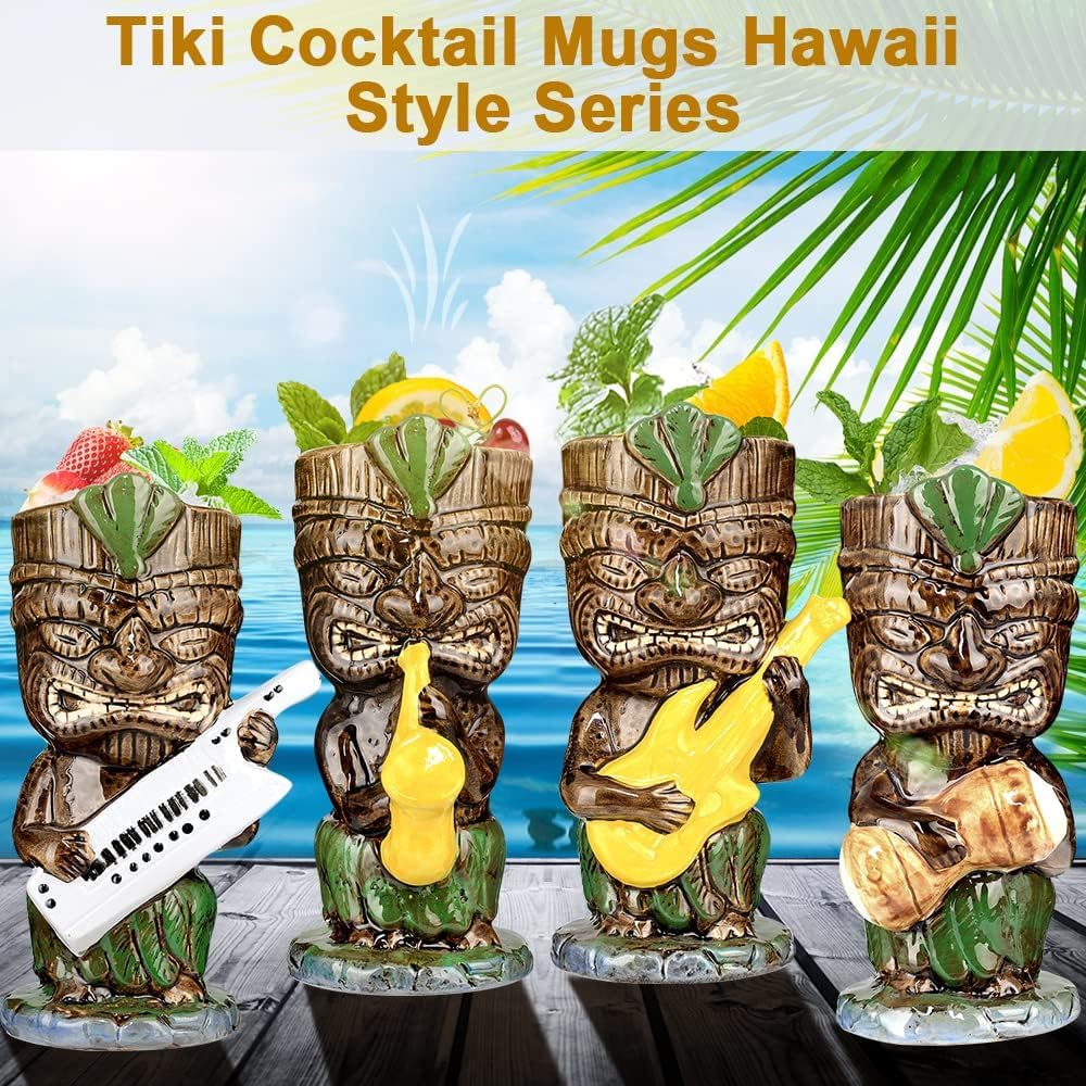 Lot de 4 tasses Tiki en céramique pour cocktails, 370 ml