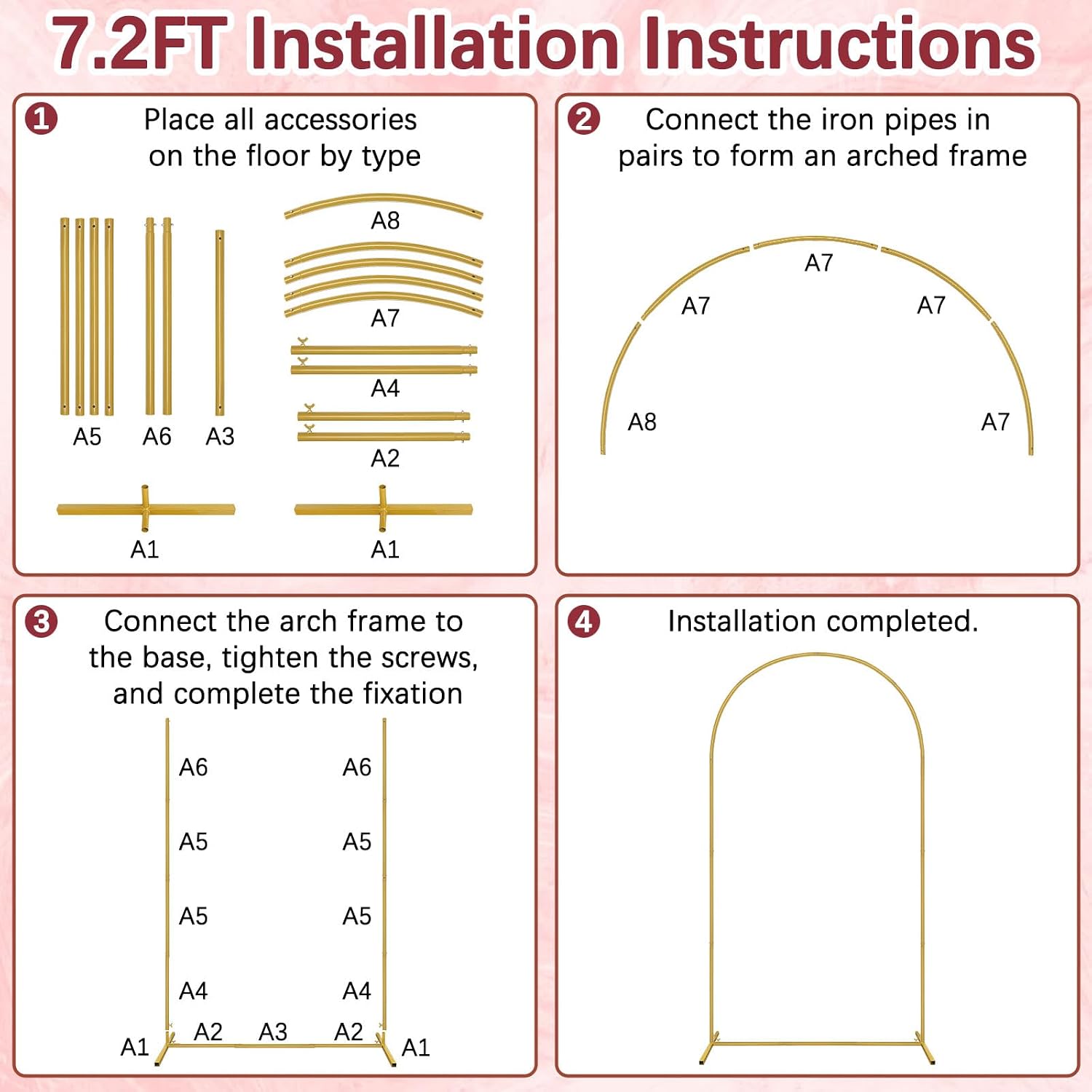 Metal Balloon Arch Backdrop Stand 7.2FT and 6FT, Set of 2, Gold