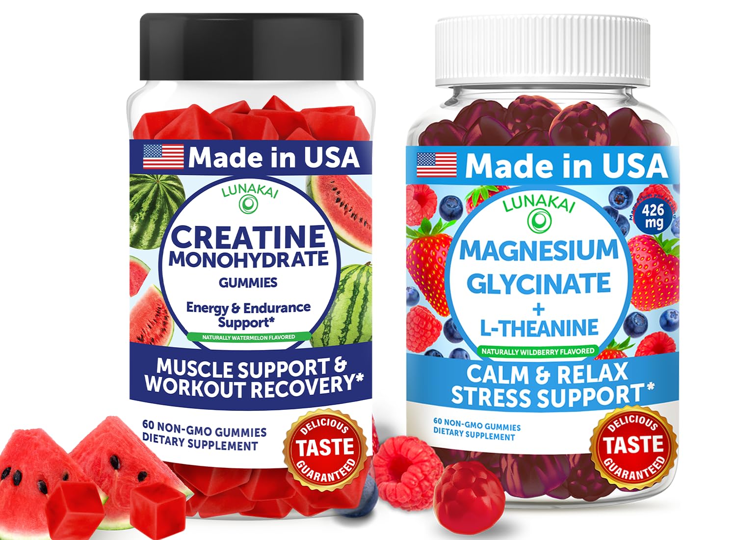 Lunakai USA Made Creatine & Magnesium Gummies Bundle – Recovery & Calm Support – 60 Non-GMO Gummies Eac