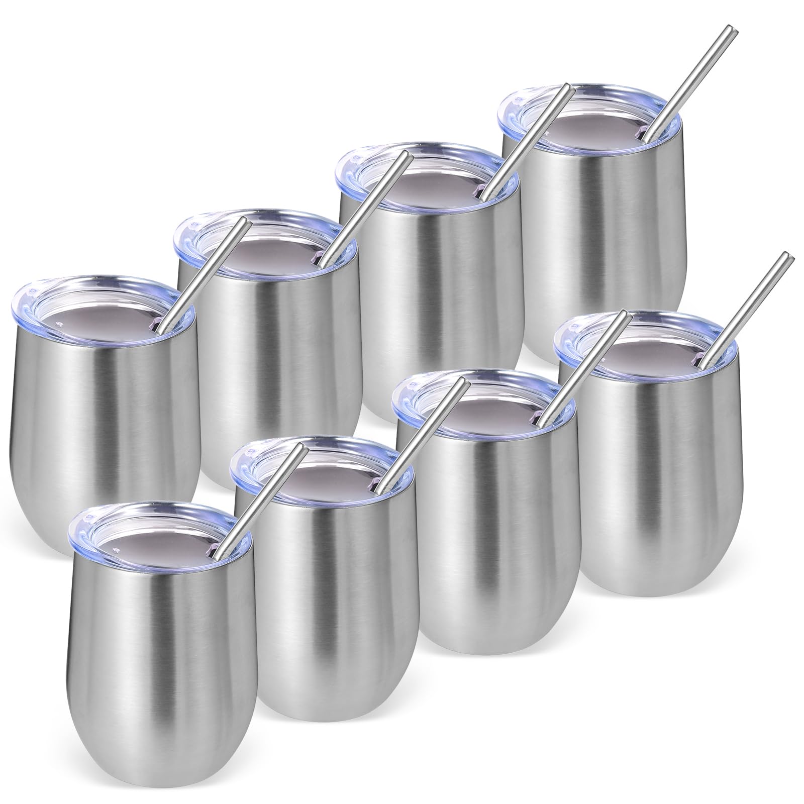Volhoply 12oz Stainless Steel Wine Tumbler with Lid Bulk 8 Pack,350ml Double Wall Vacuum Stemless Wine Glasses,Metal Travel Coffee Mug with Straw,Insulated Cups Gifts for Christmas（Silver,8 Set）