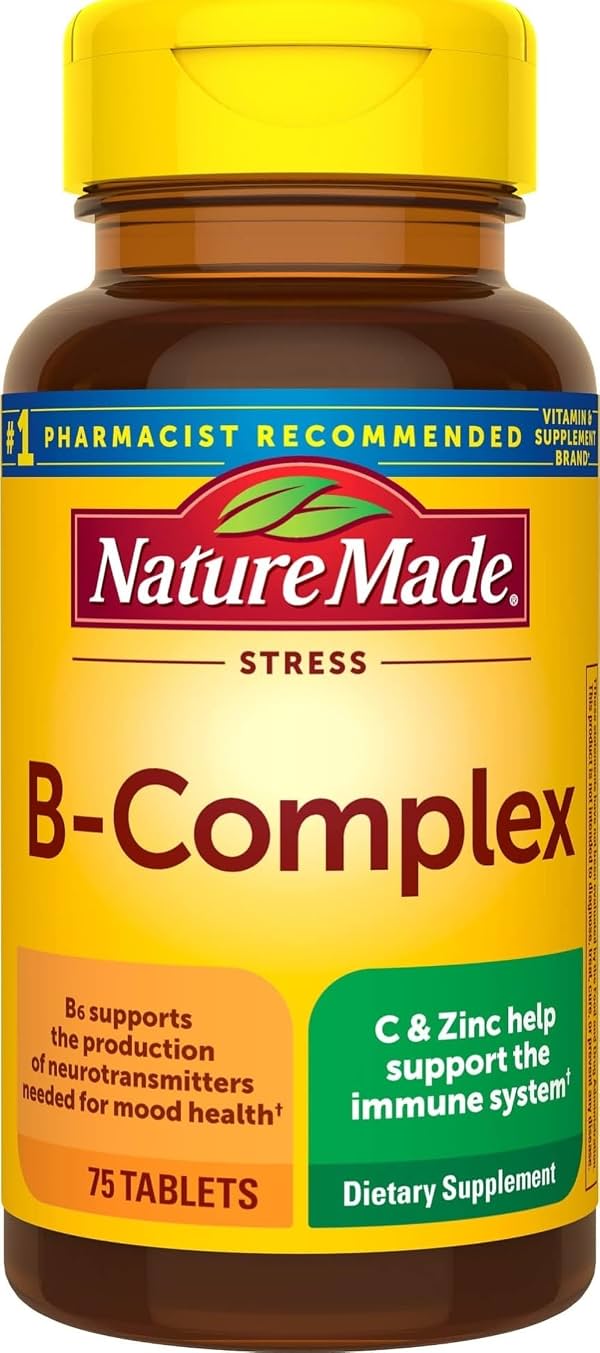 Nature Made Suplemento de Complejo B para el Estrés con Vitamina C y Zinc, 75 Tabletas | Vitaminas del Complejo B para Mujeres y Hombres, Suplemento de Apoyo Inmune, Proporciona las 8 Vitaminas B Esenciales, Suministro para 75 Días, Tableta, 75 unidades (Paquete de 1)