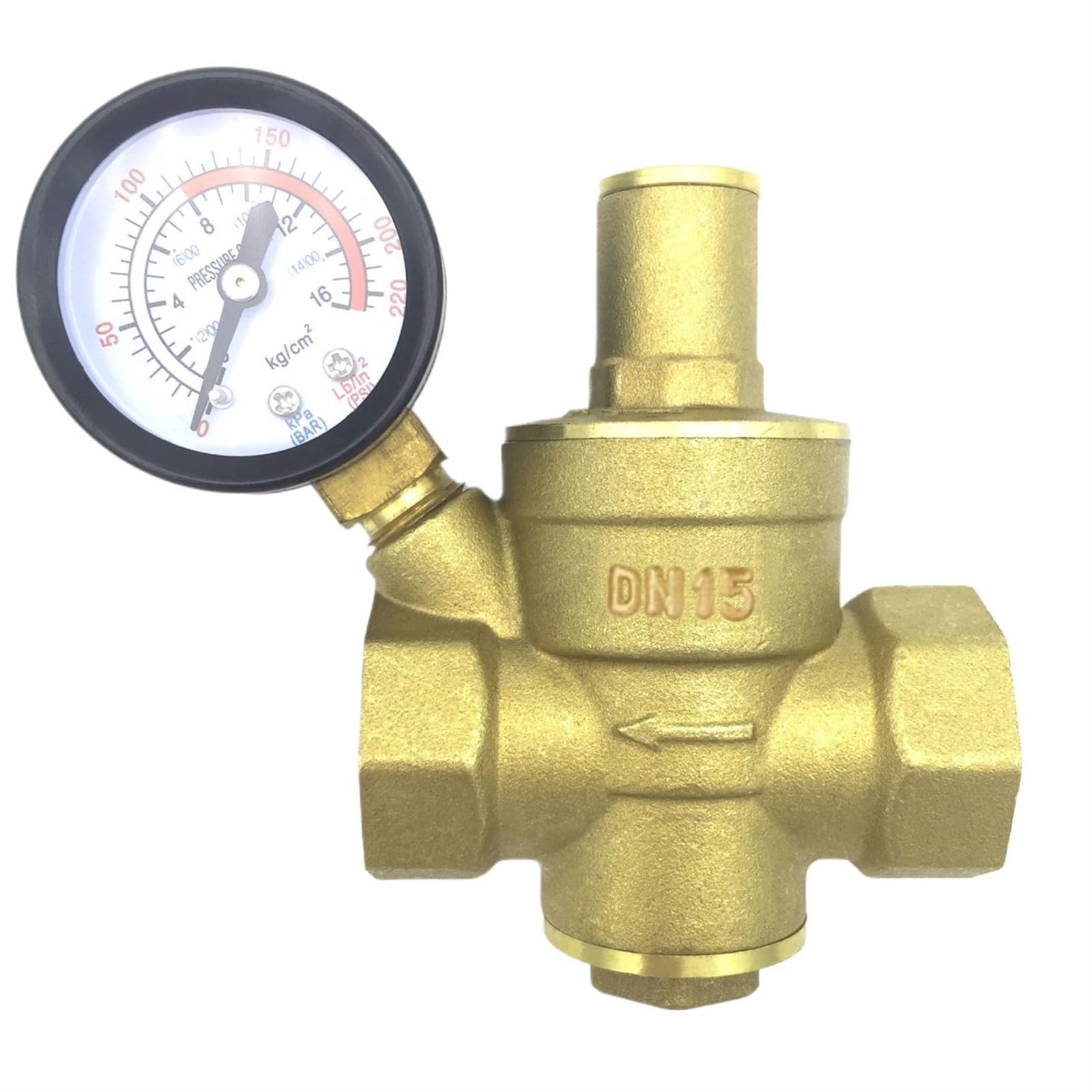 Válvula Reductora y retenedora de presión de Agua de latón DN15, regulador de 1/2", válvula de Alivio Ajustable, manómetro for válvula de Agua, Aceite y Gas para Riego(with Gauge)