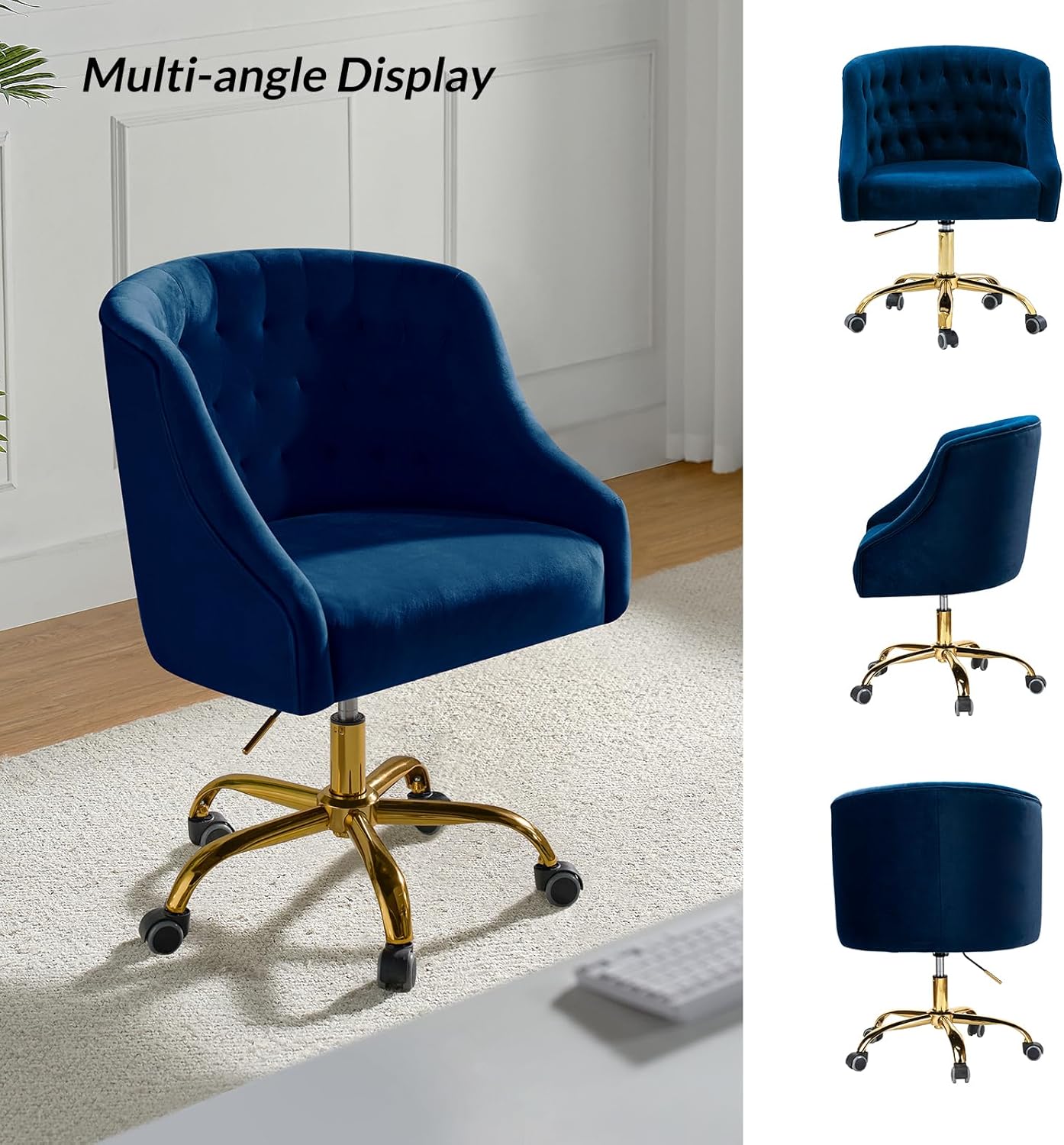 TINA'S HOME Velvet Home Office Chair with Gold Base, Comfortable Modern Cute Desk Chair, Adjustable Swivel Task Chair for Living Room Bedroom Vanity Study, Navy