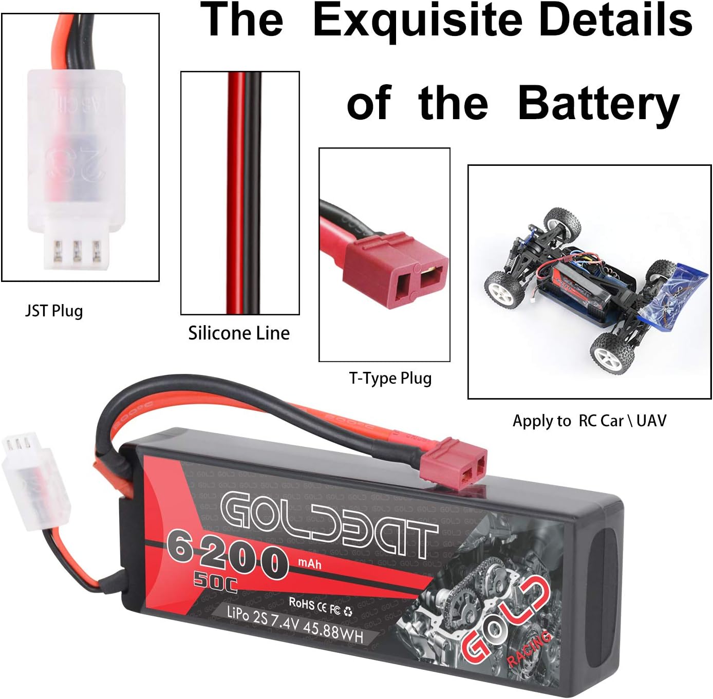 GOLDBAT 6200mAh 7.4V 50C 2S Lipo RC Battery 2 Pack Hard Case with T Plug for RC Evader BX Car RC Truck RC Truggy RC Heli Airplane Drone