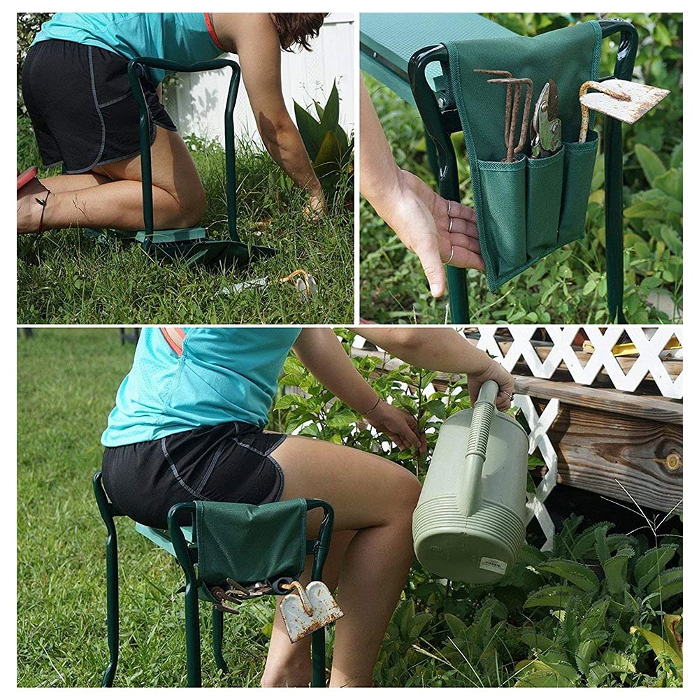 Gartenkniebank, klappbarer Sitzhocker mit Griffen und Werkzeugtasche 3 in 1 für Gartenarbeit und Heimwerken im Freien