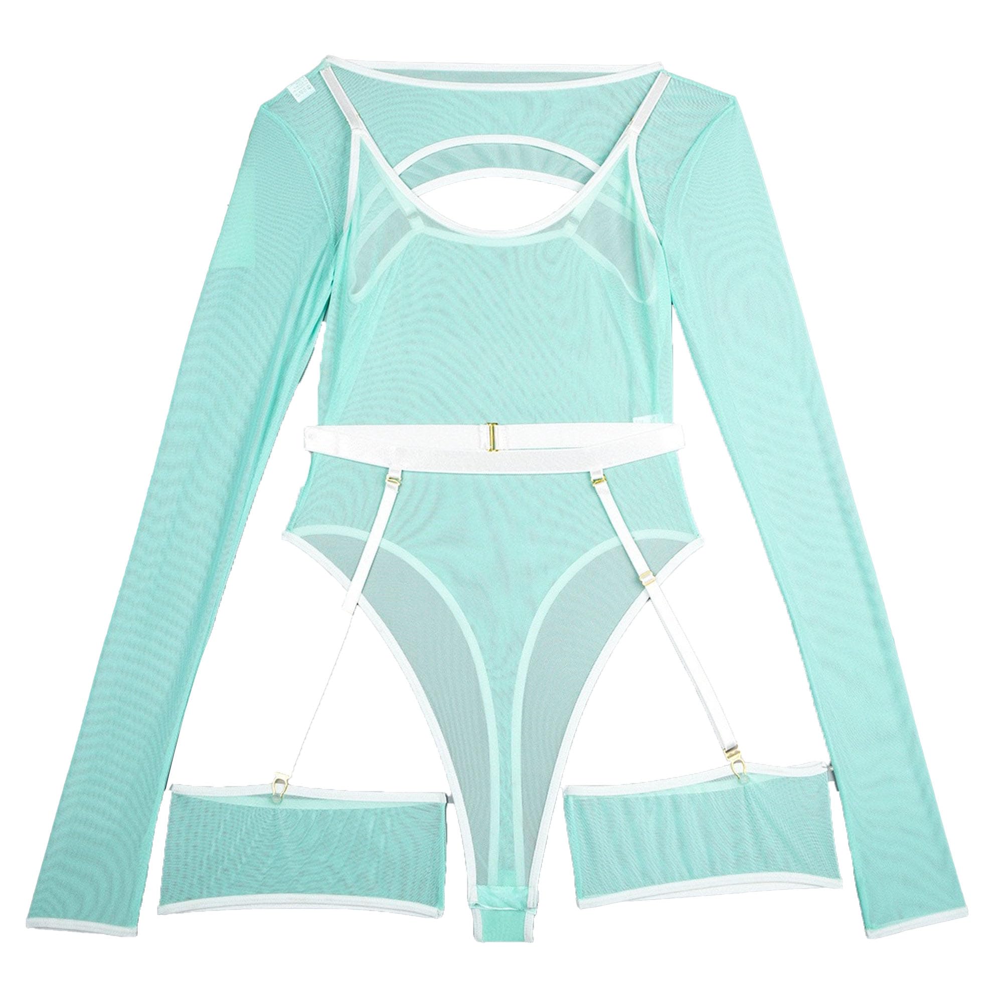 Conjunto de Lencería Transparente con Tirantes para Mujeres Body de Manga Larga de Tela Transparente Elástica Liga Hueca de Encaje con Armadura