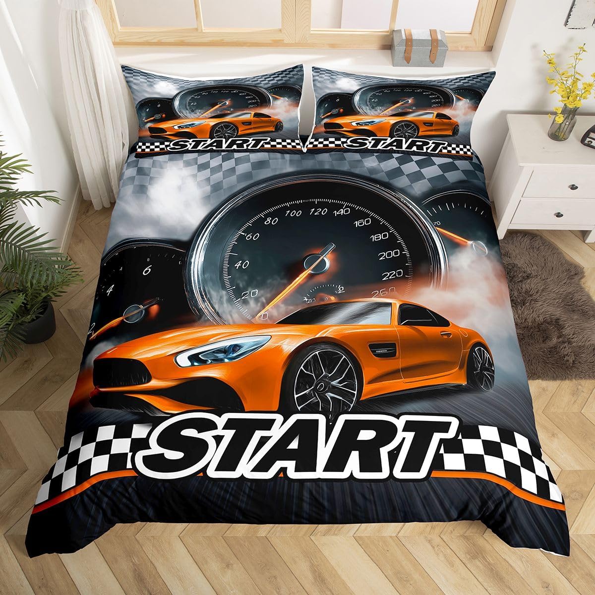 Erosebridal Orange Racing Car Bedding Set for Boys, Girls Adult Sports Car Duvet Cover Black and White Grids Print Comforter Cover Extreme Sports Car Theme Bedroom Decor with 2 Pillowcases Full