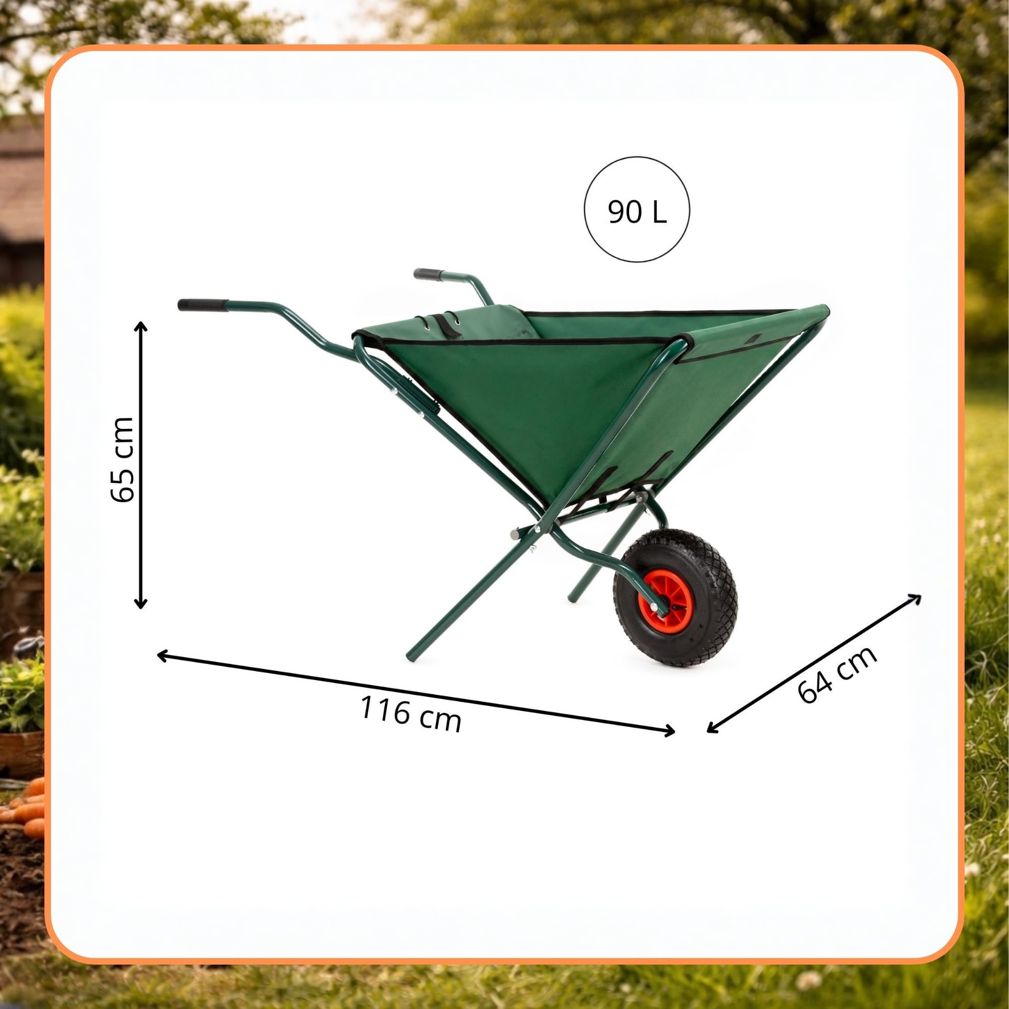 Chariot de jardin pliable de 50 L, avec pneus à air, chariot de transport en tissu Oxford, cadre en acier, compartiments pour outils, brouette pliable pour jardinage, vert
