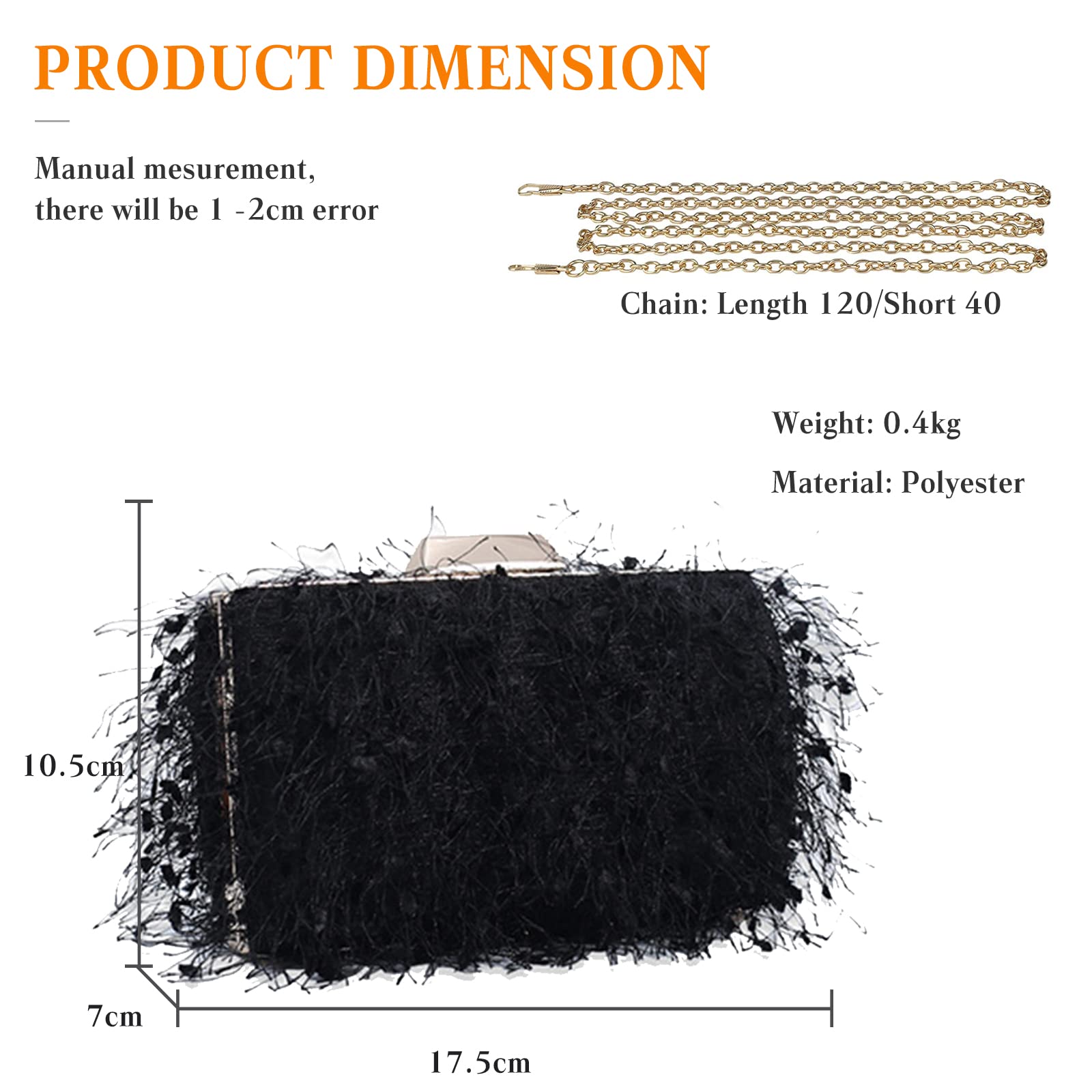 CORIOS Pochette da Sera Donna con Catena - Borsa a Spalla/Tracolla Elegante per Sposa, Cerimonia, Cocktail, Festa, Ballo - Nero