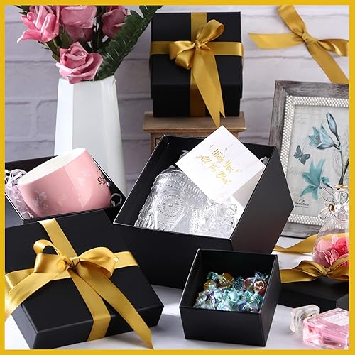 Vista 10 de Marspark 4 cajas de regalo de Navidad con tapas, apilables, cuadradas, juego de cajas anidadas con cinta, de tamaño grande a pequeño, molesto Papel