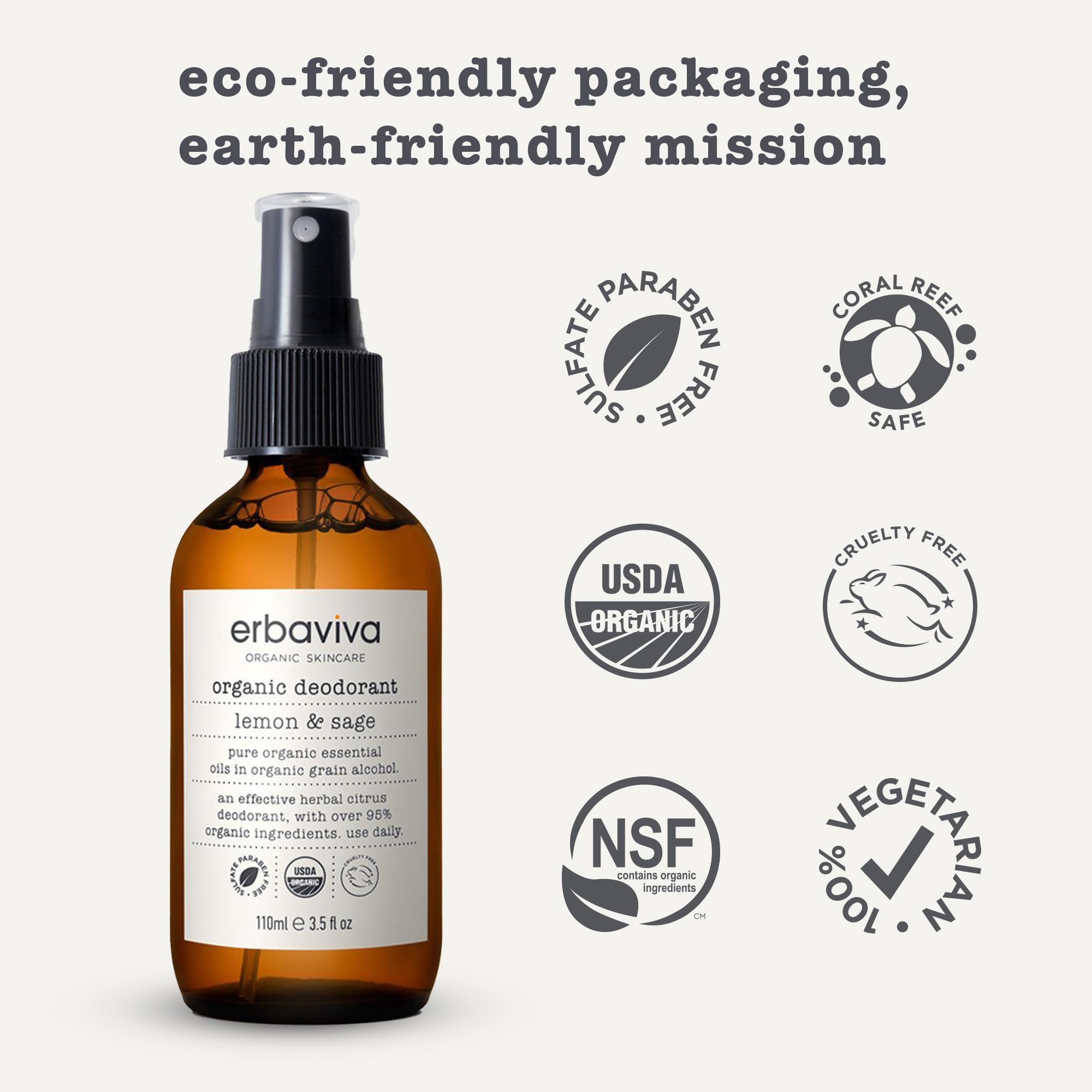 Erbaviva Lemon & Sage Organic Deodrant 3.5 Fl Oz - Underarm Spray with Powerful All Natural Essential Oils - Unisex Warm & Woodsy Smelling Deodorant For Odor Protection, Aluminum and Chemical Free