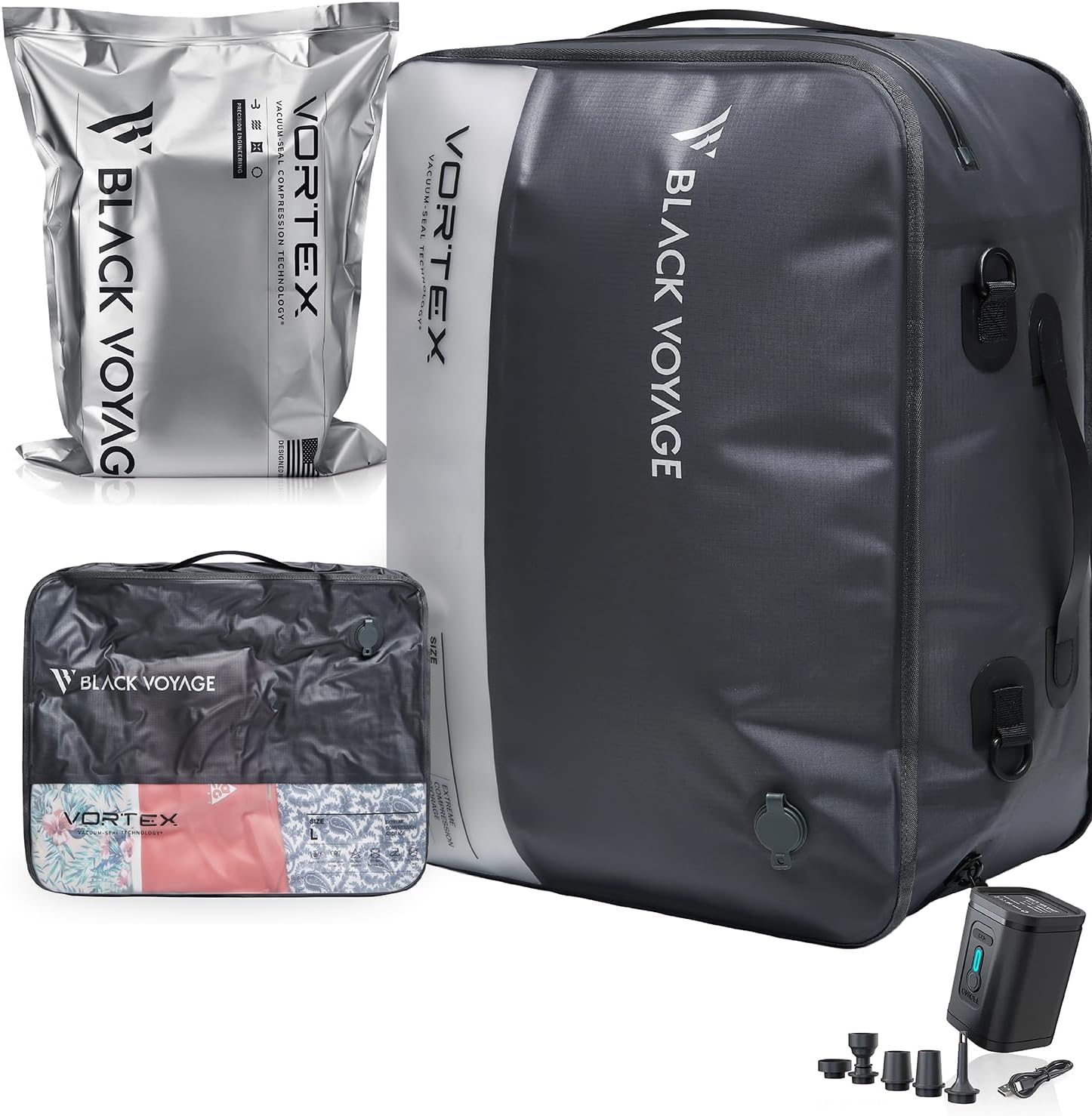 Black Voyage Reusable Vacuum Compression Travel Bag for Carry-On Suitcase and Backpack, Recycled IP67 Waterproof Space Saver Vacpack (1-Pack, 41L - Pump Included)