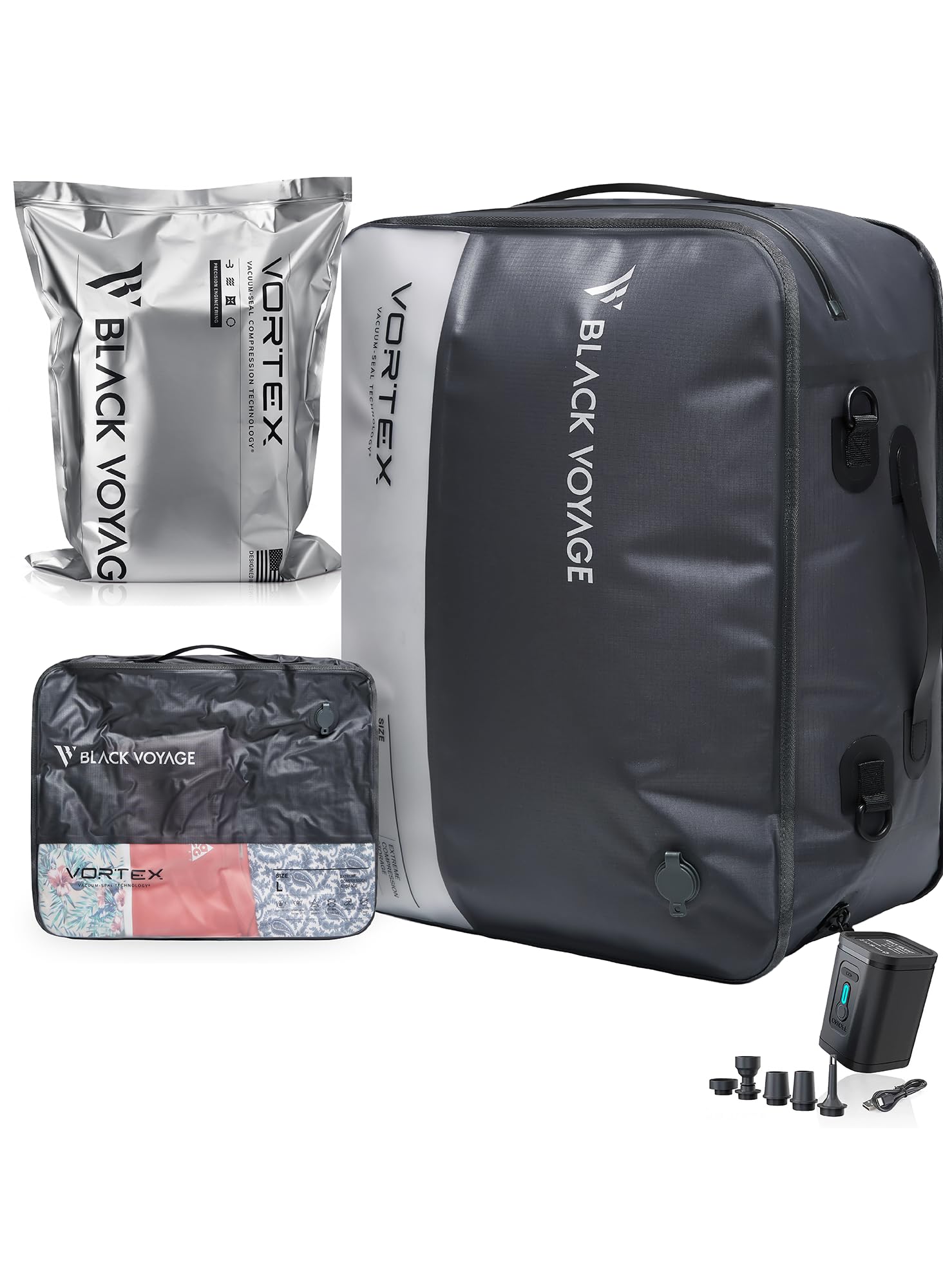 Black Voyage Reusable Vacuum Compression Travel Bag for Carry-On Suitcase and Backpack, Recycled IP67 Waterproof Space Saver Vacpack (1-Pack, 41L - Pump Included)